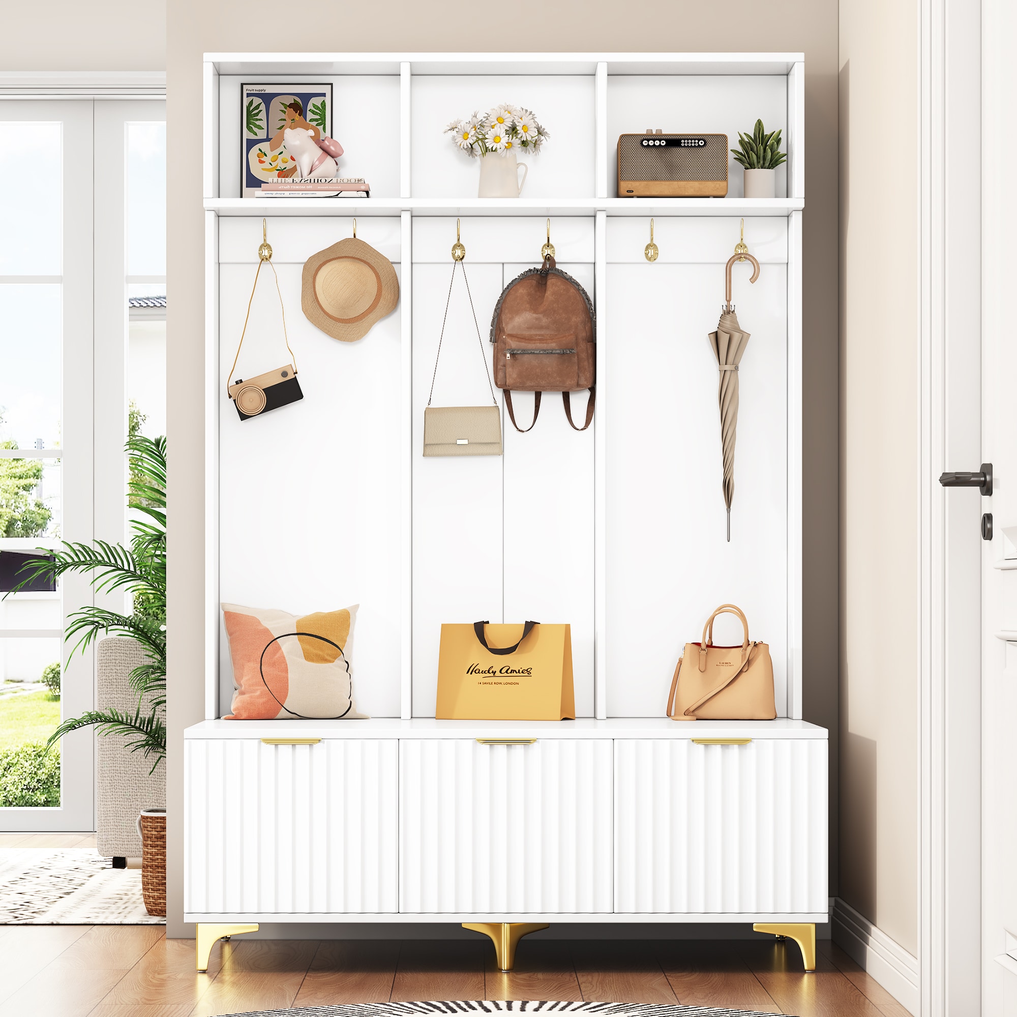 JANSNO HT-CR-15 Modern 49.6 White Wood Hall Tree