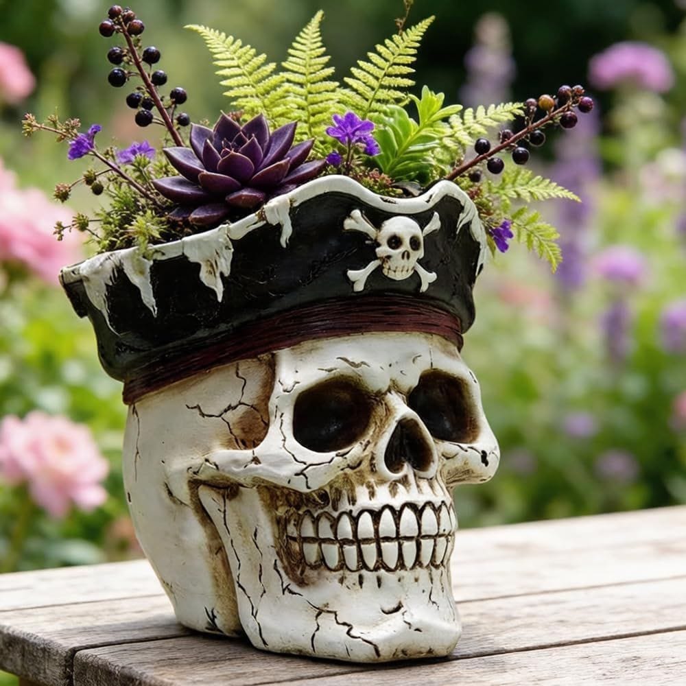 ROSMENA Pirate Skull Planter Flowerpot with Drainage Hole for Gothic Home Decor