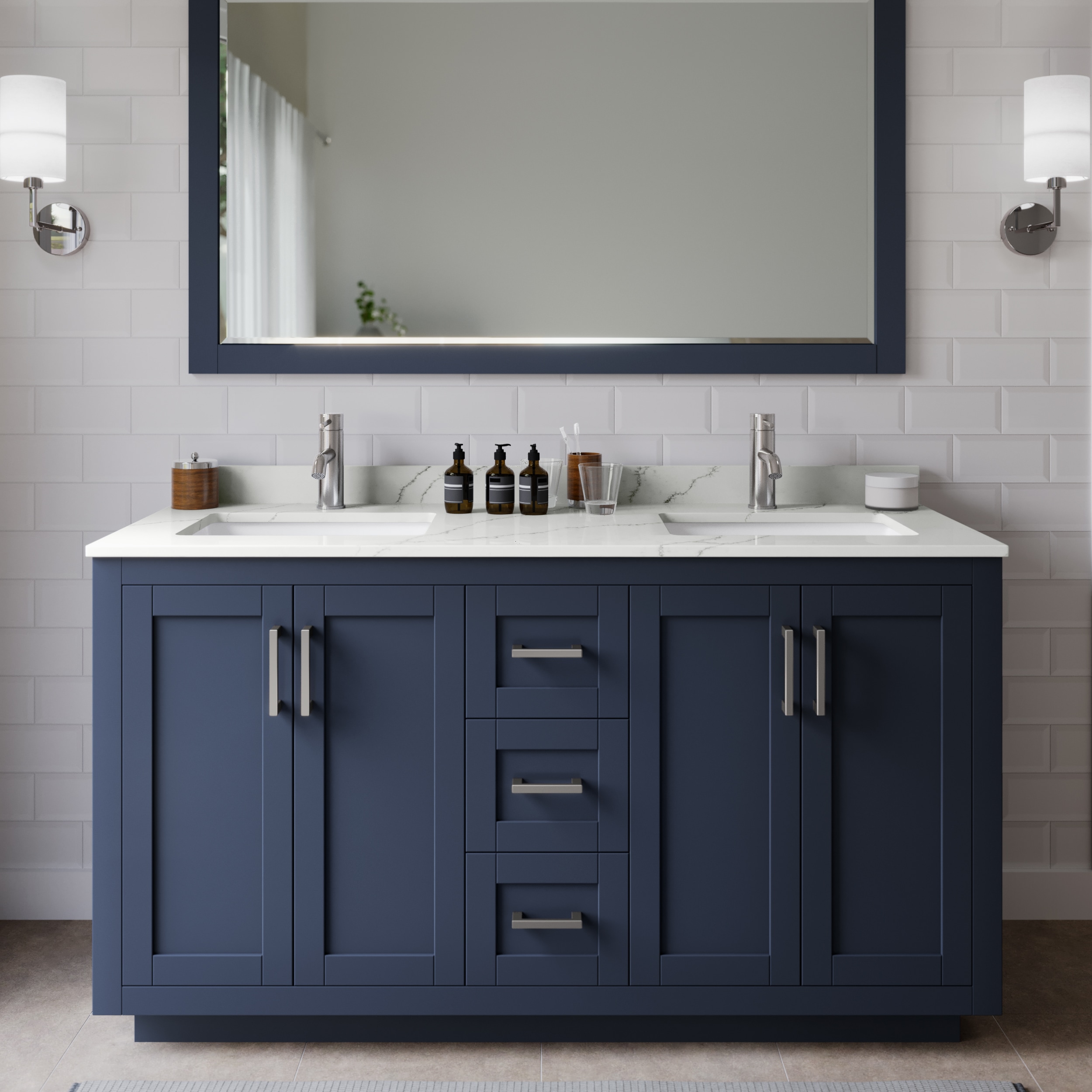 Wyndham Collection WCF292960DBNGTUNSM58 Miranda 60-in Dark Blue Undermount Double Sink Bathroom Vanity with Giotto Quartz Top (Mirror Included)