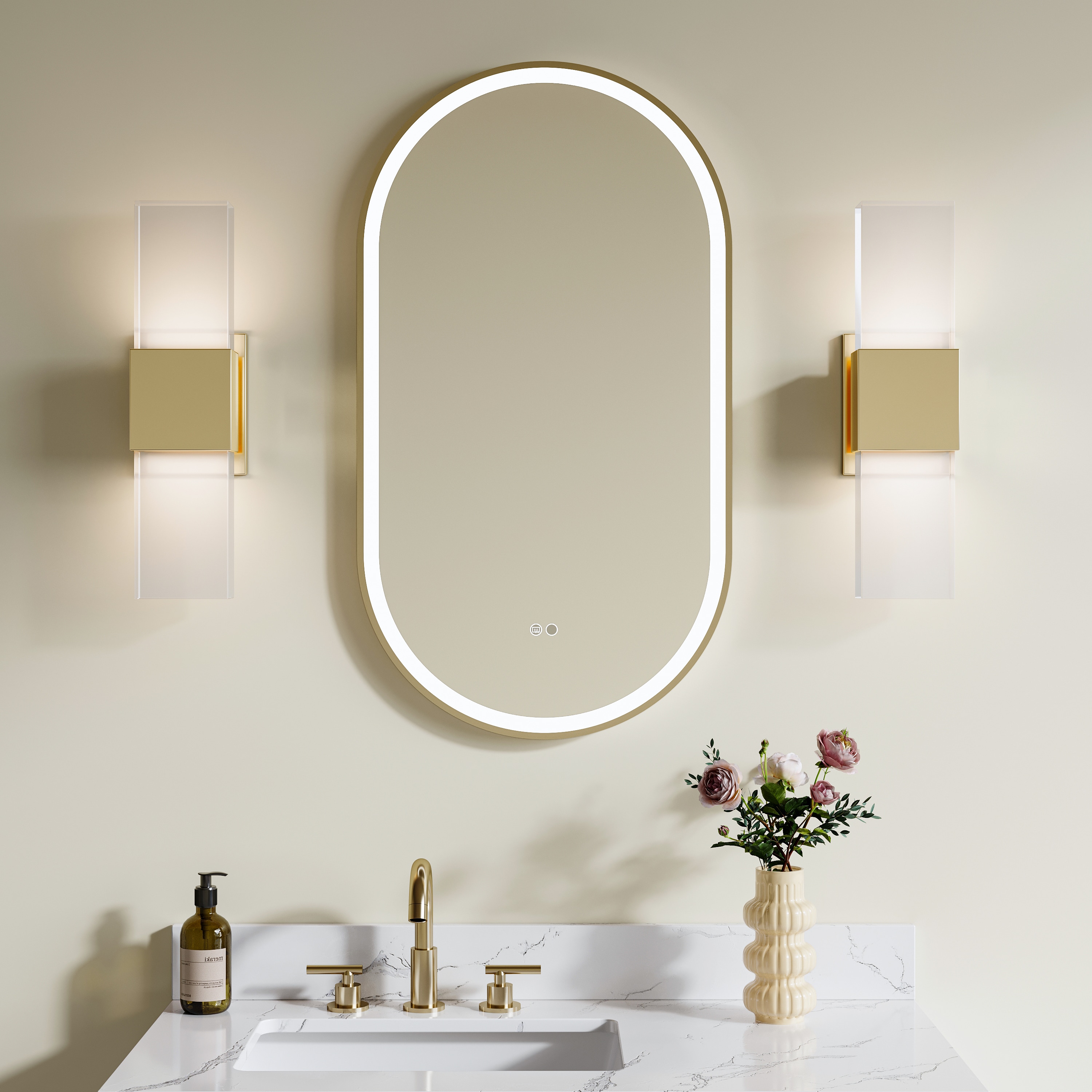 ANGELES HOME  20-in x 36-in Aluminum Framed Oval LED Bathroom Mirror with  Fog Free (Brushed Gold)