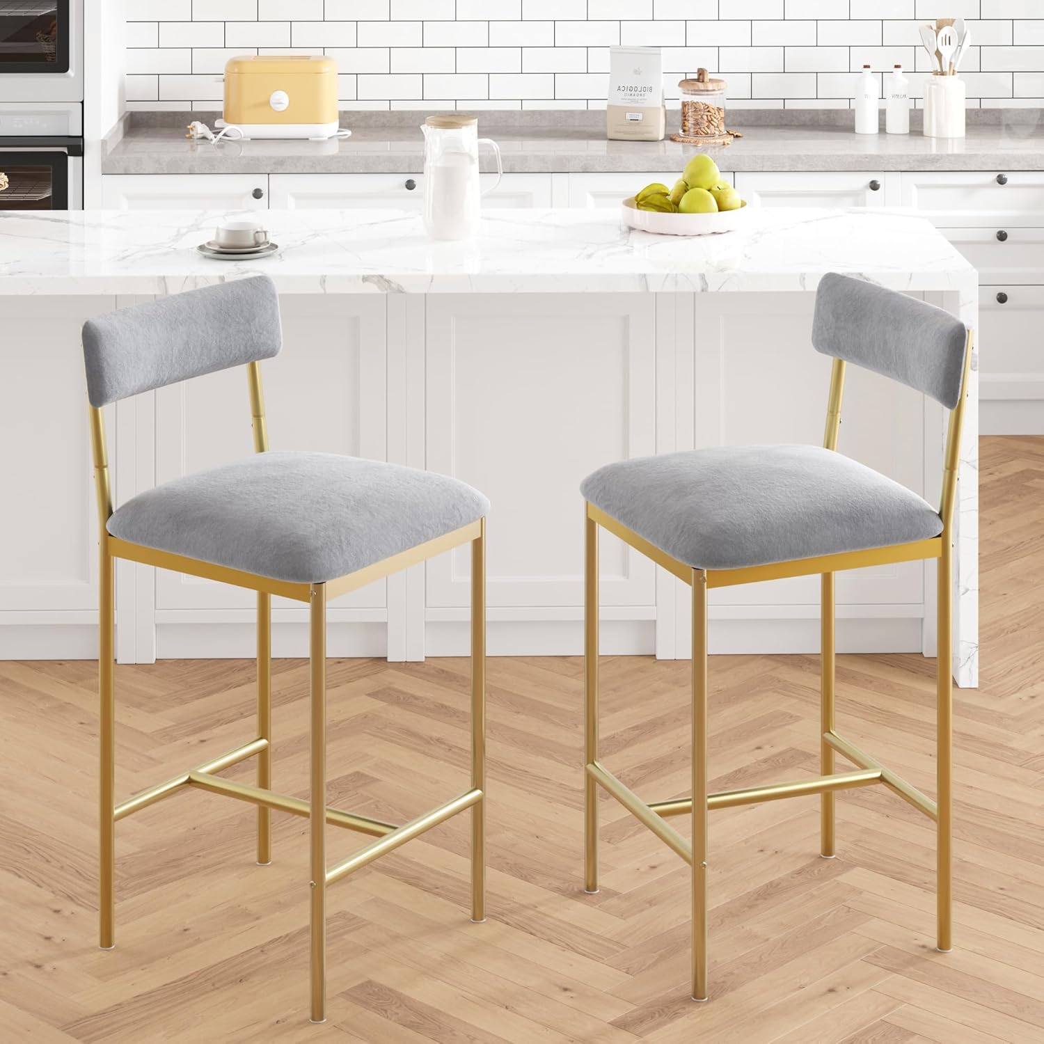 Qeetex LHF-YZ-PHO-0YDDHCZR Bar Stools Set of 2 - Kitchen Bar Stools with Footrest - PU Upholstered Counter Height Barstools - Bar Chairs with Back for Kitchen Island/Apartment/Counter Bar - Easy Assembly - Gold