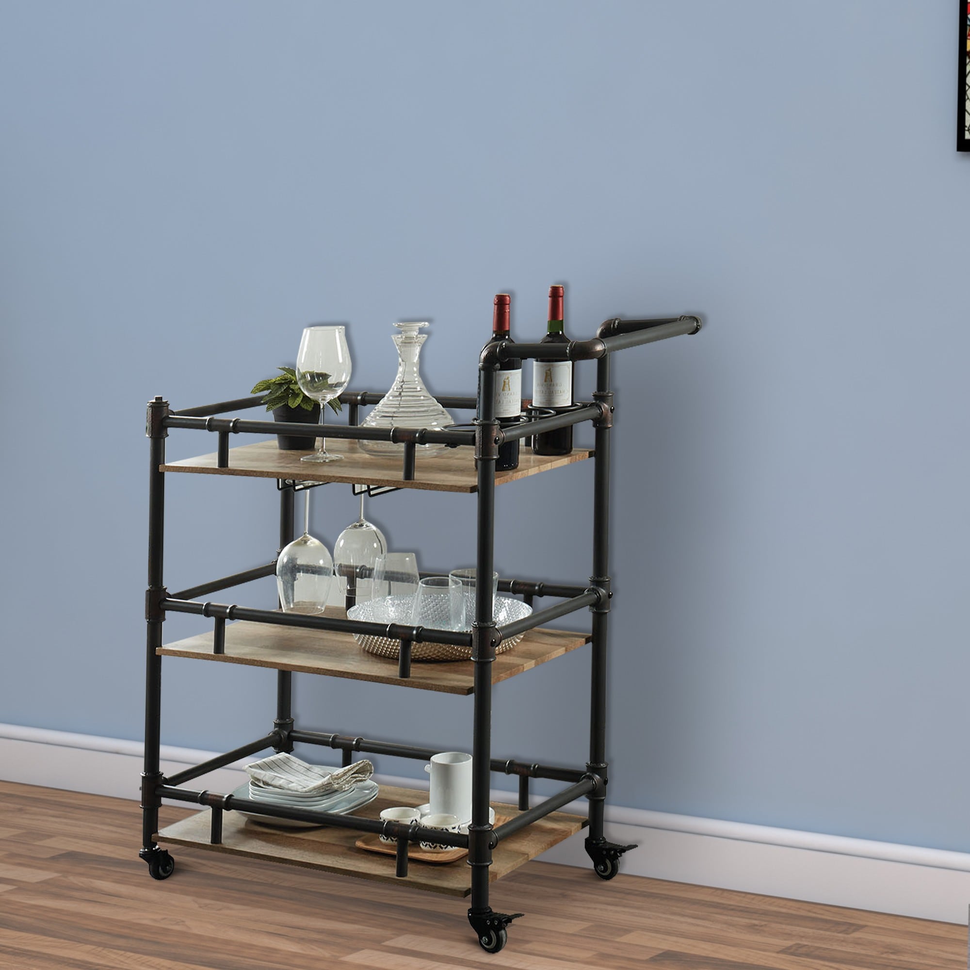 Rustic Black and Brown Three-Tier Wooden Serving Cart with Casters