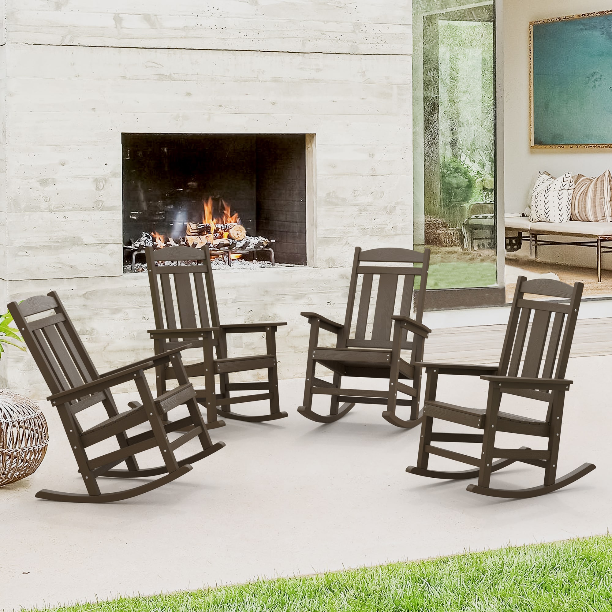 LUE BONA 4LB23PC0012-300LS Set of 4 Brown-Oil Printed HDPE Frame Rocking Chair with Solid Seat