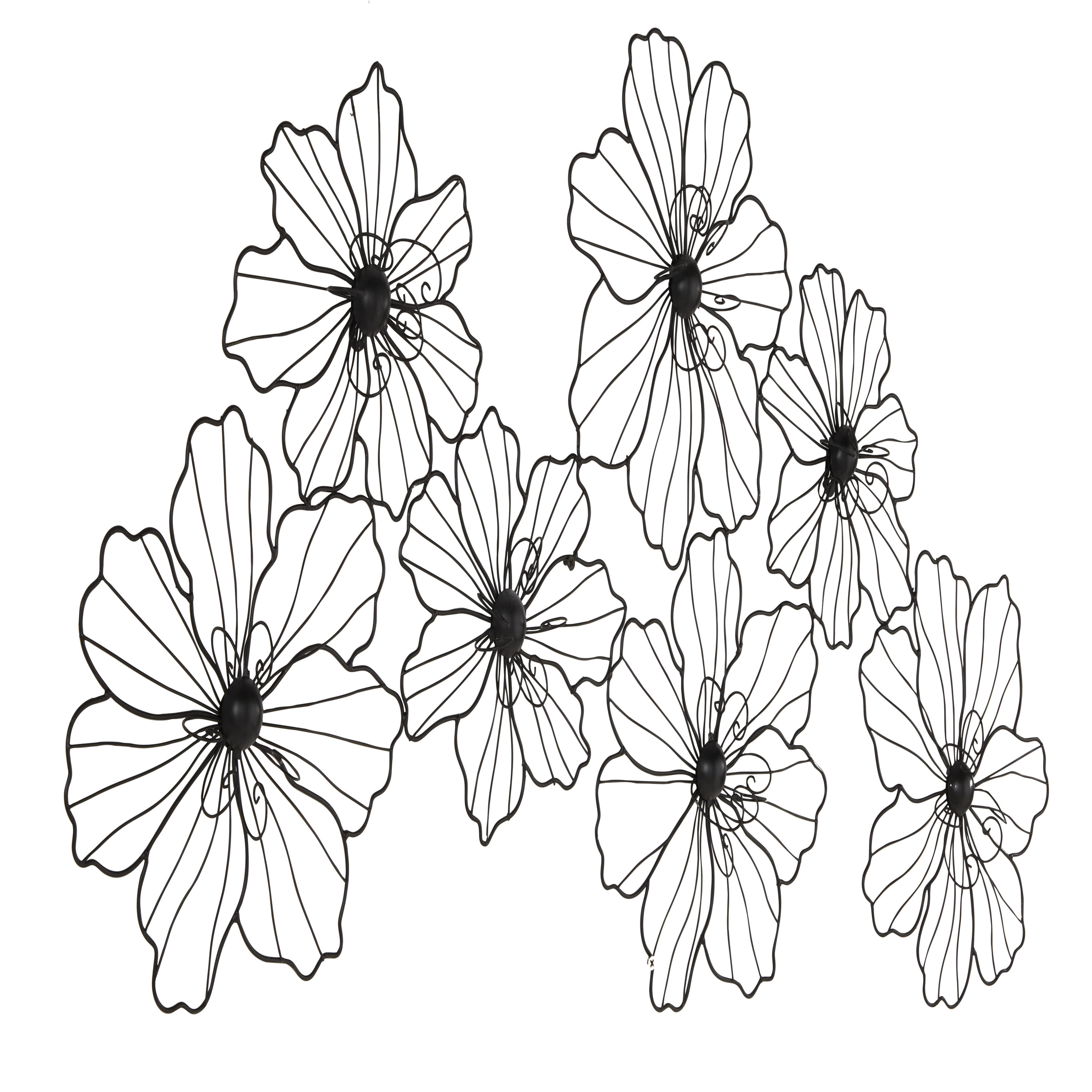 Black Metal Floral Wire Wall Sculpture with Scroll Accents