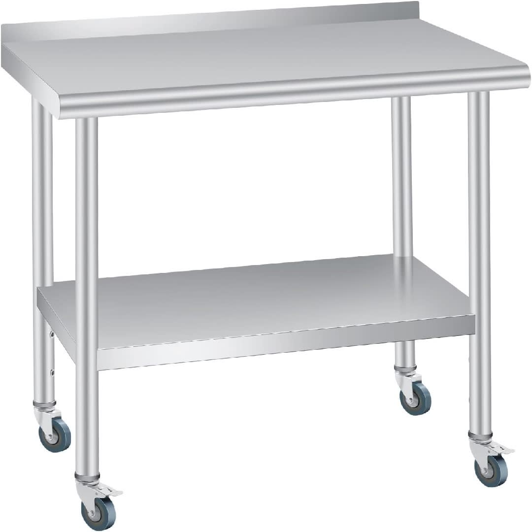 WhizMax KL-PHK-33DS6RVA Stainless Steel Table Commercial Prep Work Table with Backsplash Adjustable Shelf 4 Caster Wheels for Kitchen Restaurant