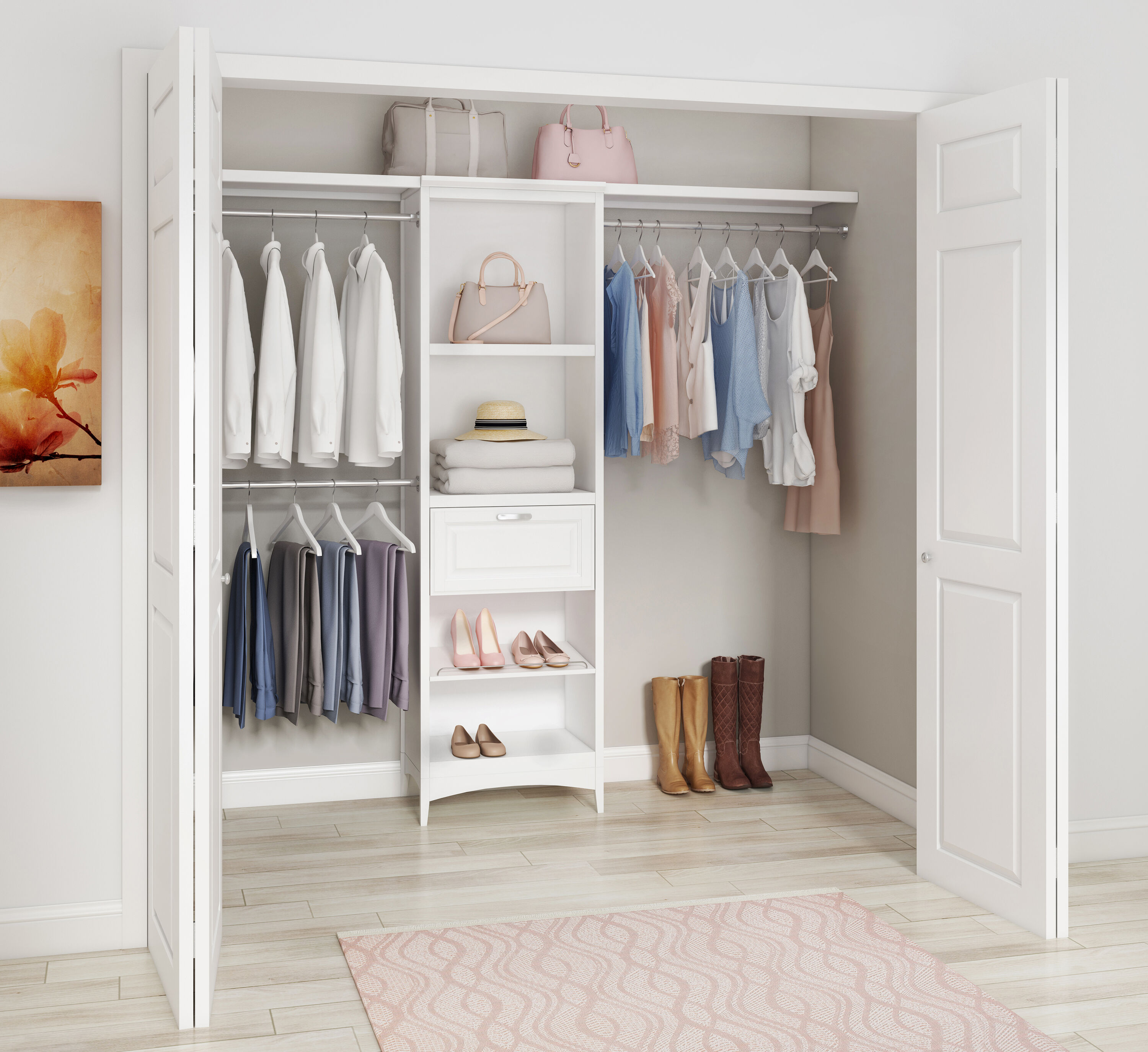 48 in. W to 92 in. W White Closet Shelf Tower with Shelf and Rod Extensions  Wood Closet System