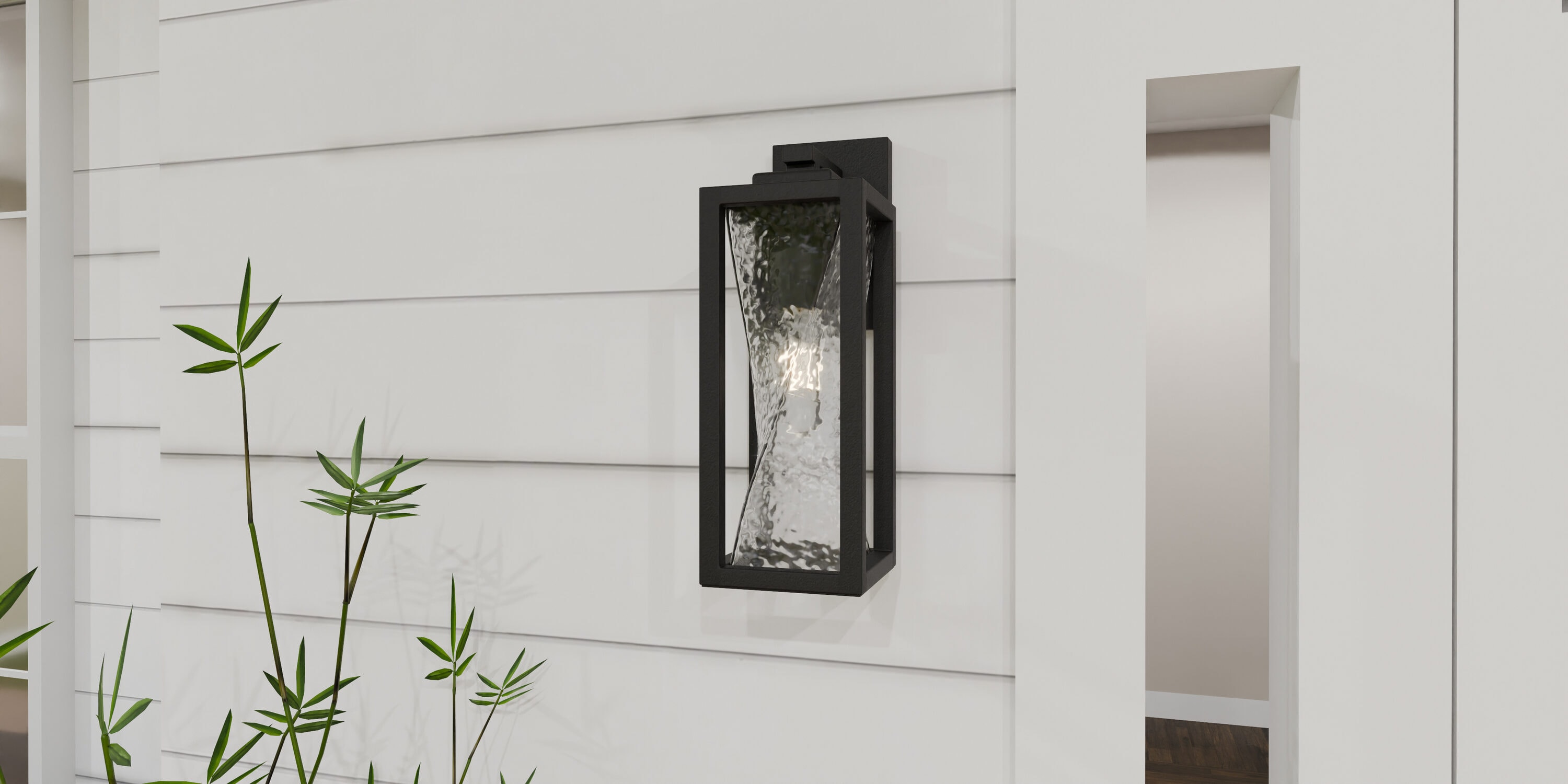 Matte Black and Clear Hammered Glass Outdoor Wall Lantern