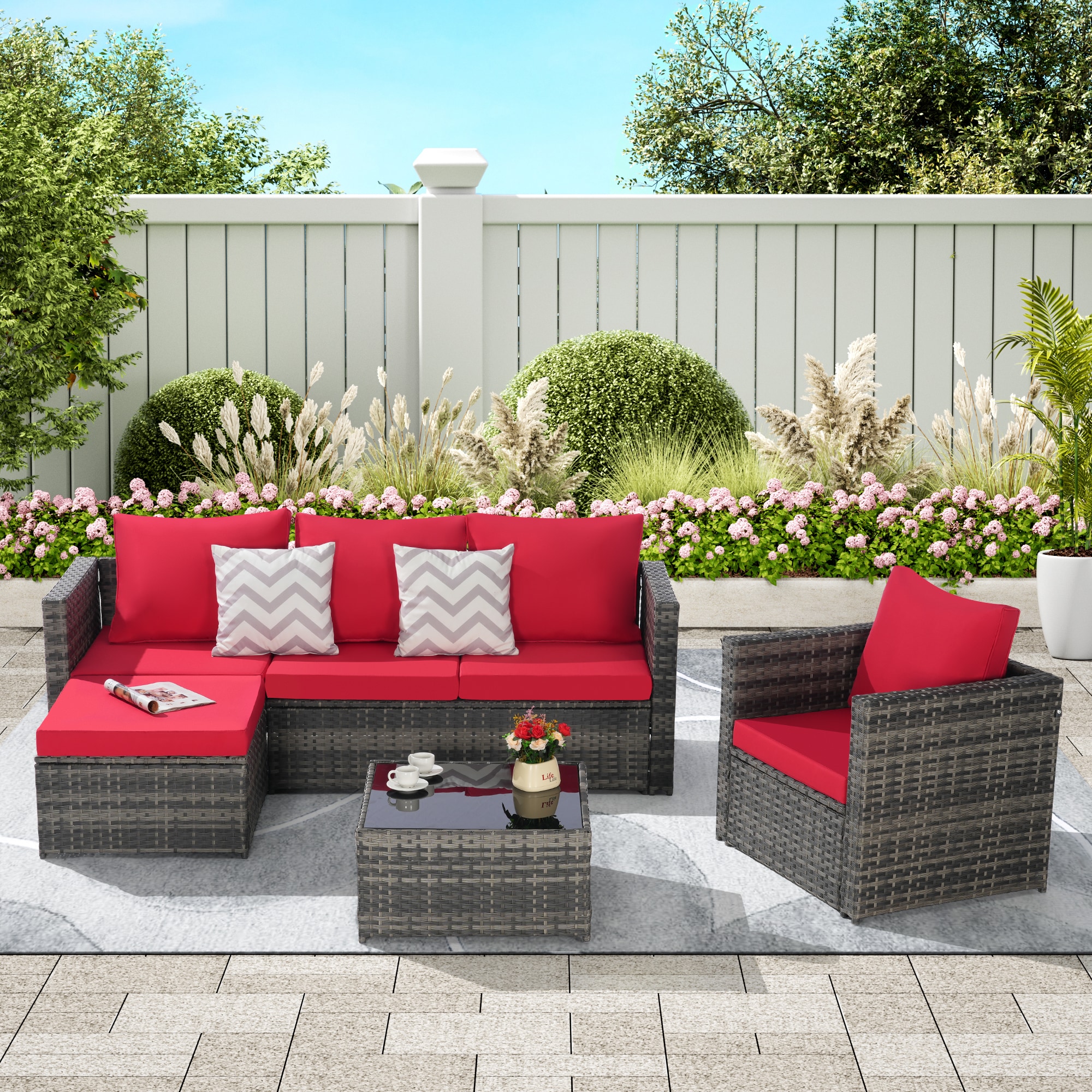 Forclover MONLDS04RE Outdoor Patio Sofa 3 -Piece Rattan Patio Sofa Conversation Set with Red Cushions