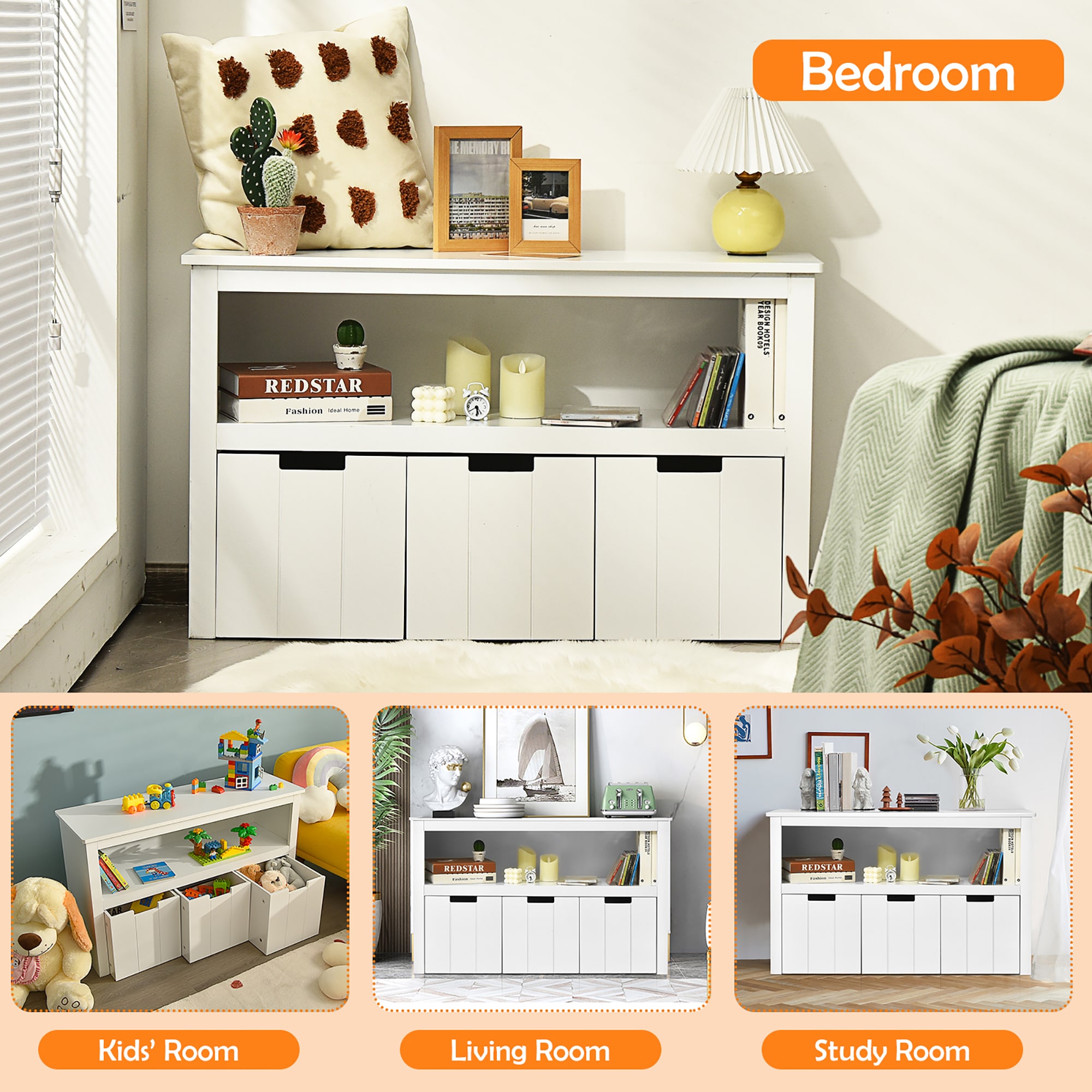 White Kids' Toy Storage Cabinet with 3 Drawers and Wheels