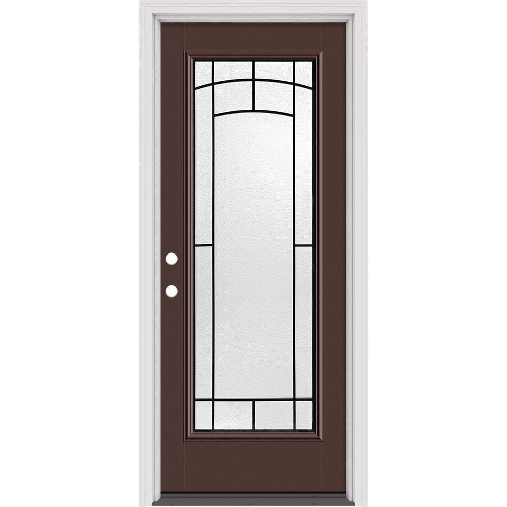 Masonite 631693 Brooklyn 32-in x 80-in x 4-9/16-in Fiberglass Full lite Right-hand inswing Roma Red Painted Prehung Slab Front Door with Brickmould Solid core