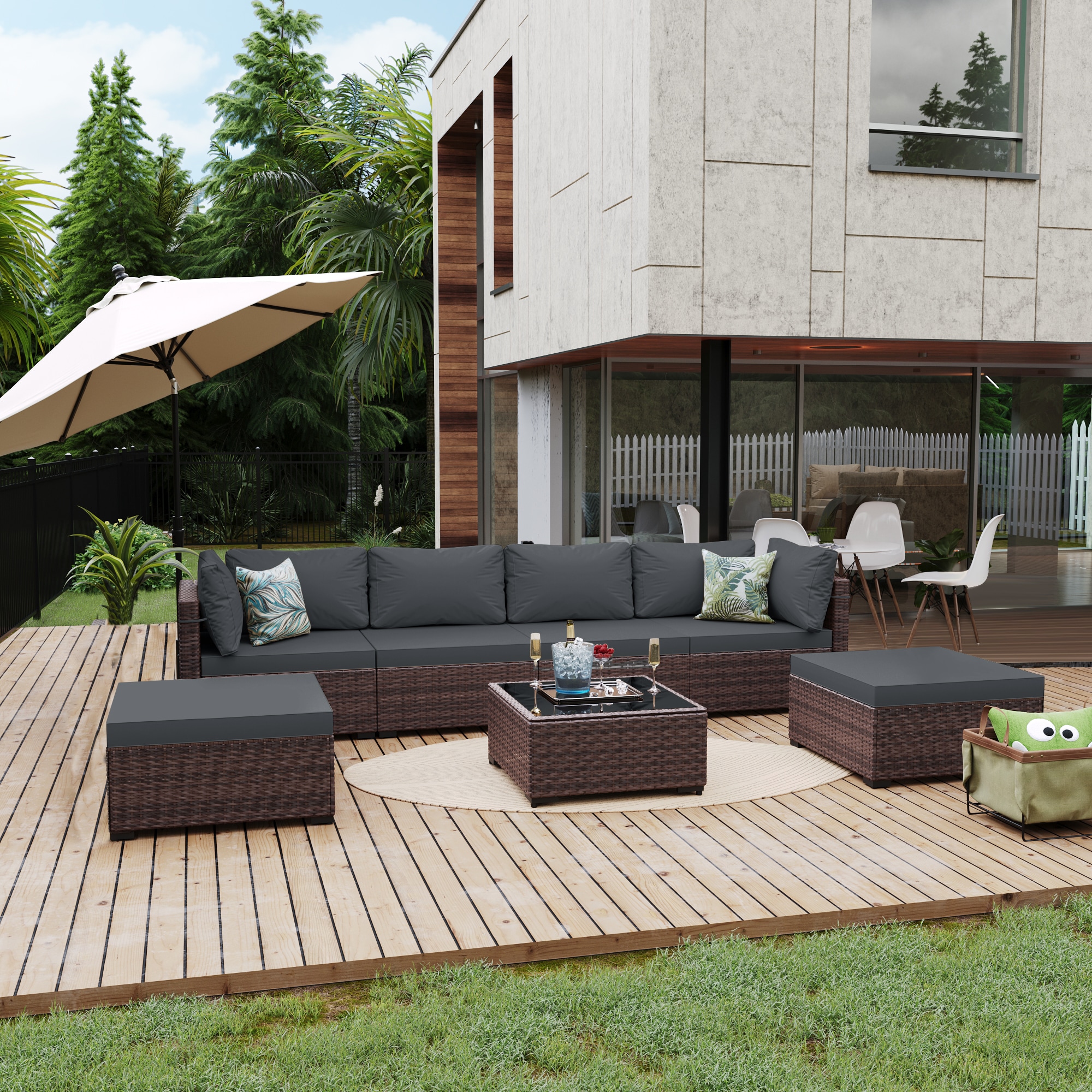 UPHA PL-TBSF-ABD-DG 7 -Piece Rattan Patio Sofa Conversation Set with Gray Cushions