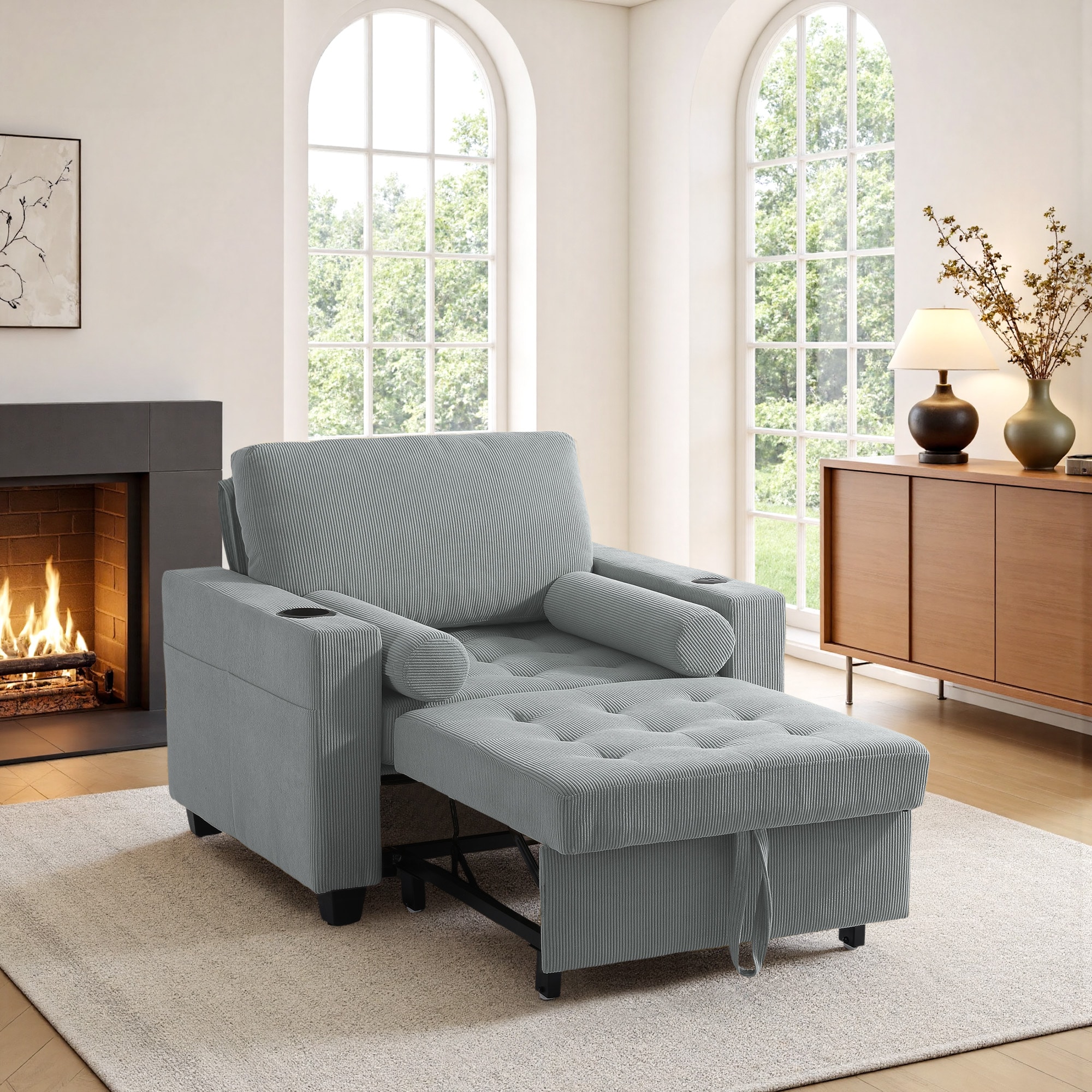 Dreamsidea - Corduroy Tufted 3-in-1 Sofa Bed Chair Sleeper with 2 Pillows USB Outlet and Cup Hold...