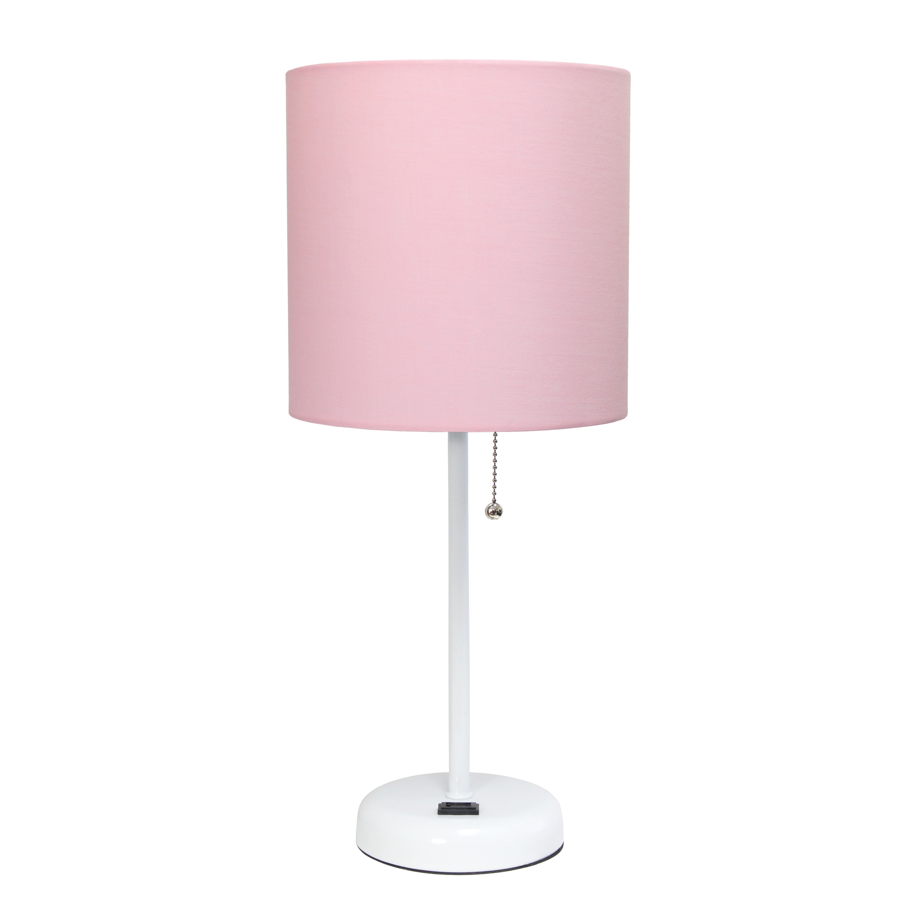 Simple Designs LT1144-POW 19.5-inch Sleek and Slender White Table Lamp with Charging Outlet  for Bedroom Living Room Entryway Office Dining Room Study Pink Shade