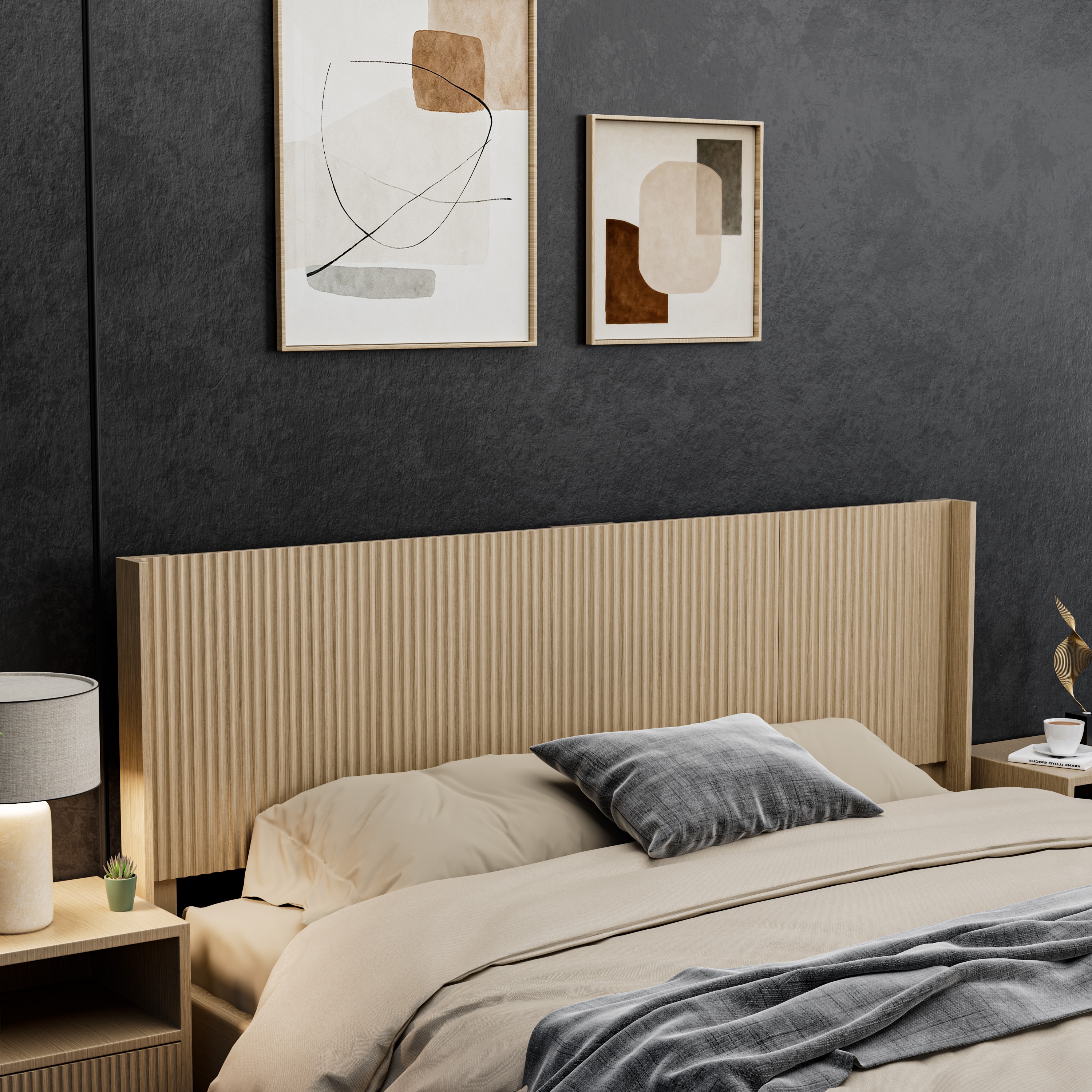 LOVMOR Modern Farmhouse Wood Headboard King Size 80 Inch Wide Wall Mounted Fluted Panel Wingback Natural Oak #SF-X-W3520P356718