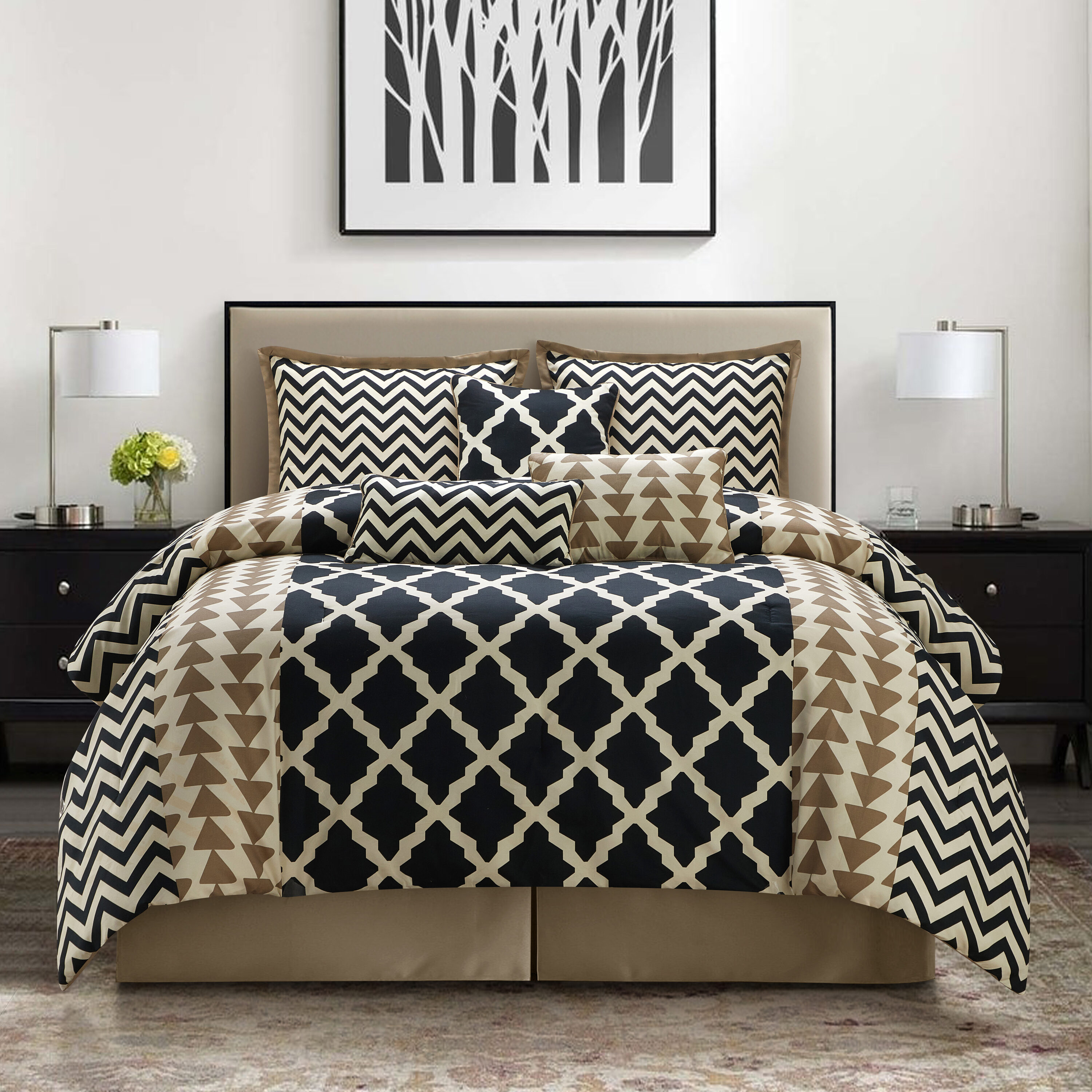 Nanshing JOLENE7-K-TPBK 7 -Piece Taupe/Black King Comforter Set