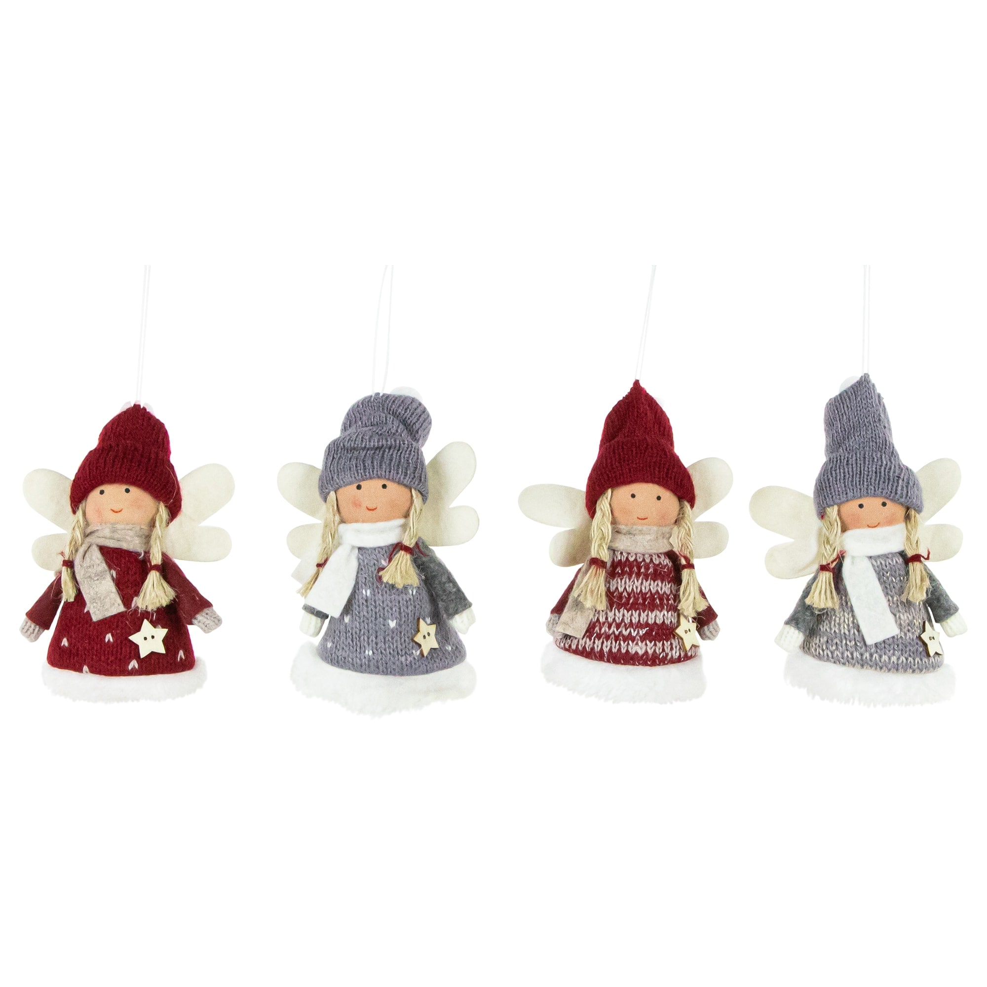 Northlight Plush Angel Girl Hanging Christmas Ornaments - 4.25 inch - Red and Gray -  Set of 4