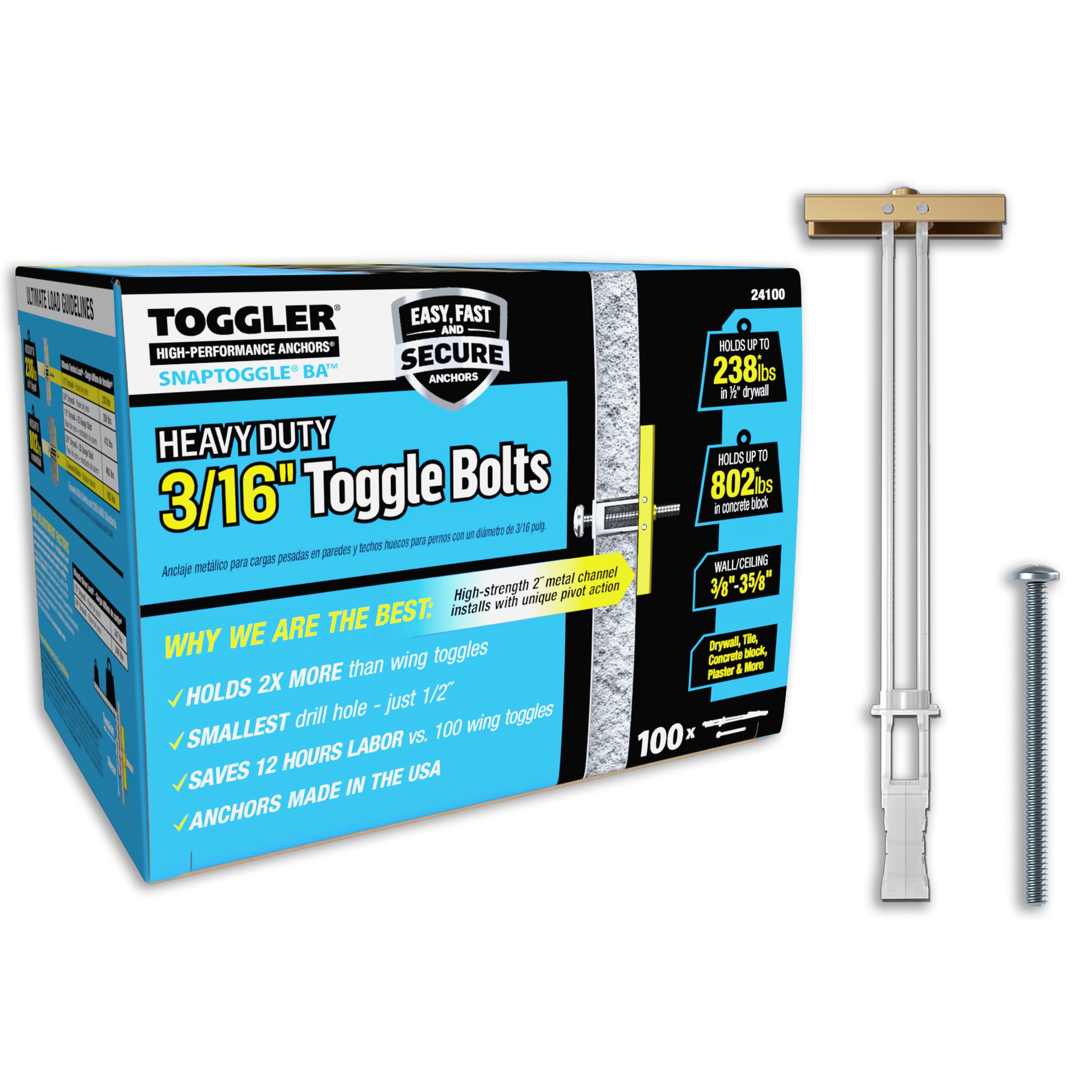 TOGGLER 24100 802-lb 3/16-in x Assorted length Toggle Bolt Drywall Anchors with Screws Included 100 -Pack