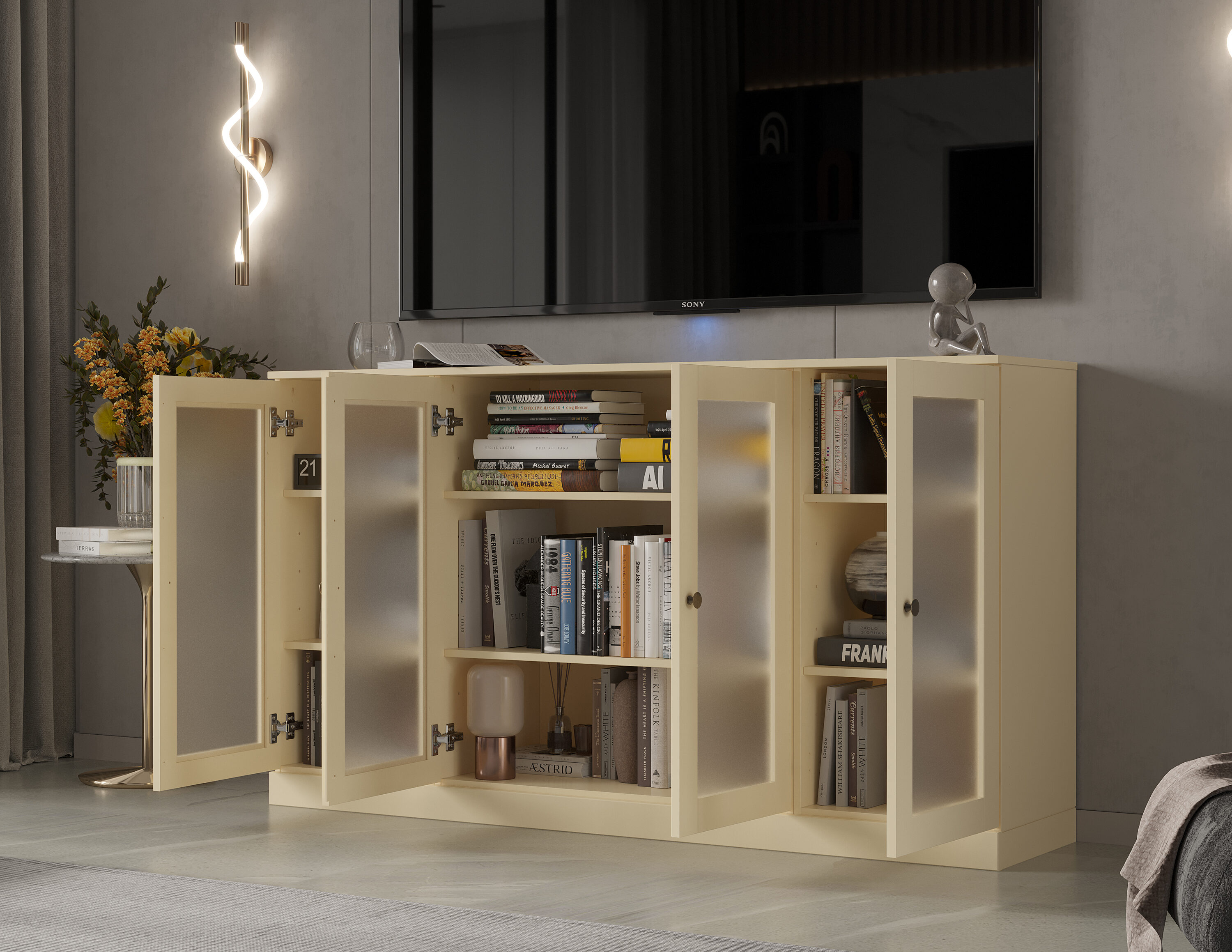 Palace Imports Solid Wood Modular TV Stand with Frosted Glass