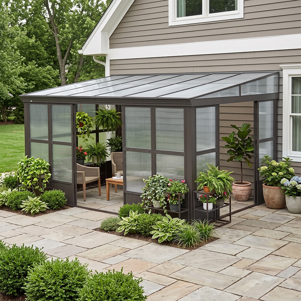 Coolbibila 10 x 14 ft Dark Brown Wall Mounted Lean To Solarium Hardtop Polycarbonate Aluminum Sunroom Kit