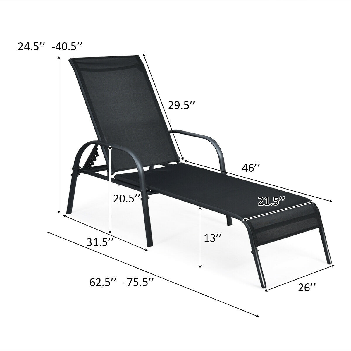 CASAINC Patio chair Black Steel Frame Stationary Chaise Lounge Chair ...