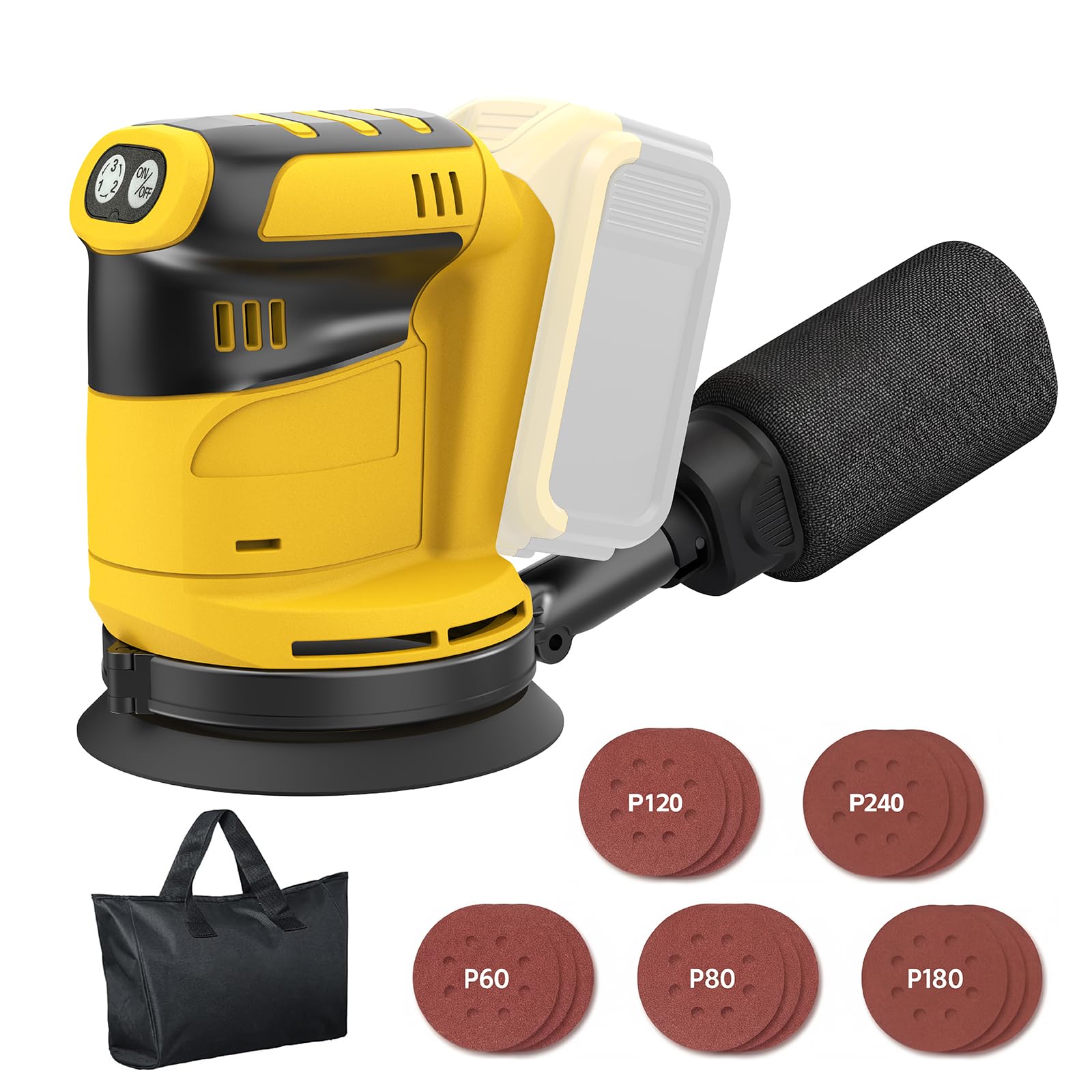 Justincity  Random Orbital Sander Compatible with Dewalt 20V MAX power cell 5 inch Cordless Palm Orbital Sander with Storage Bag Dust Collector