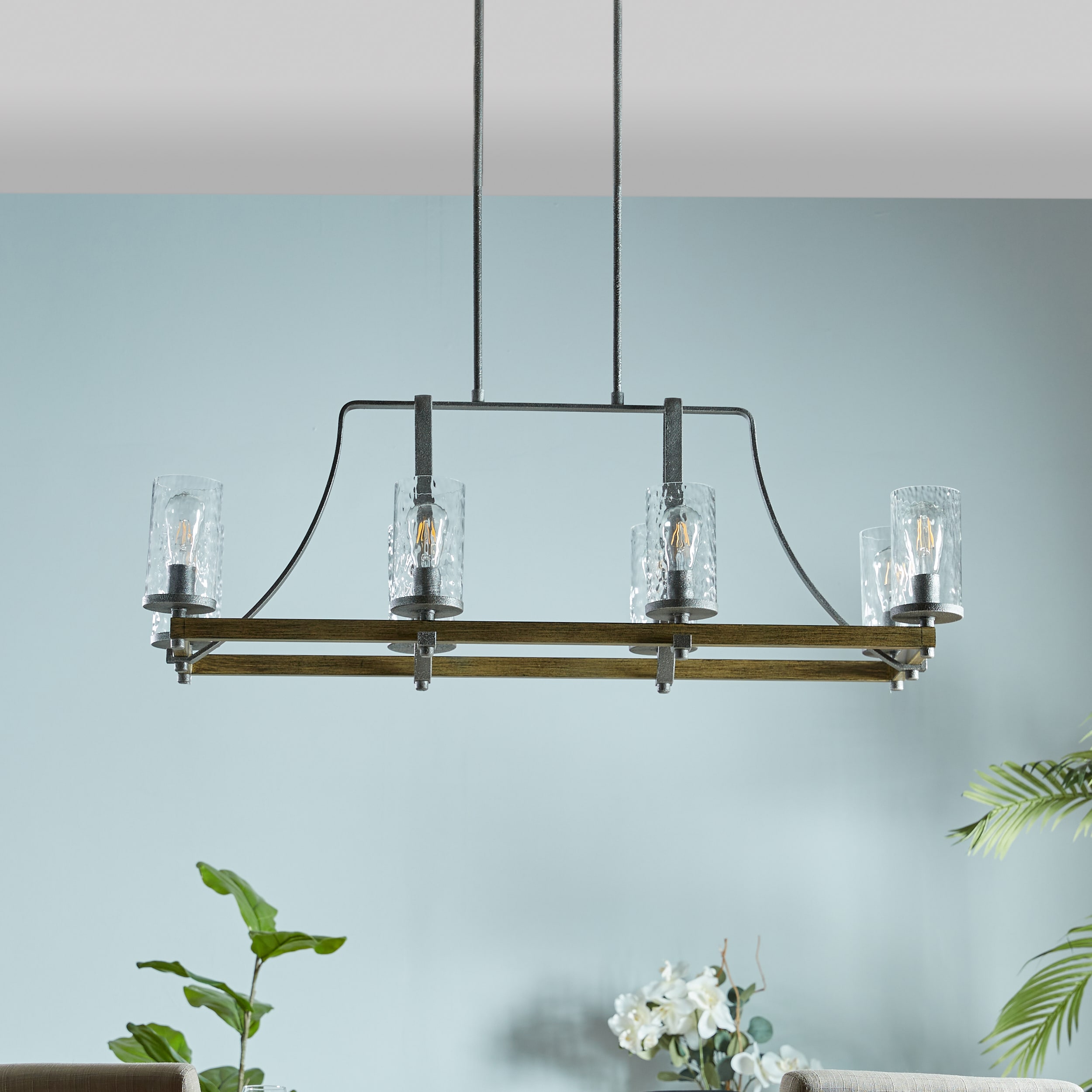Rustic 8-Light Linear Chandelier in Distressed Weathered Oak and Slate Grey Metal
