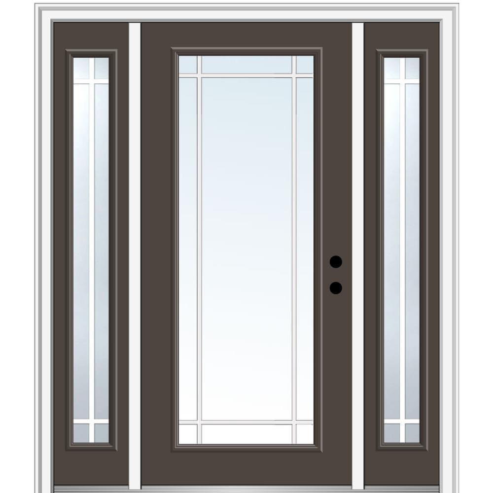 MMI DOOR ZZ08325L 60-in x 80-in x 4-9/16-in Fiberglass Full lite Left-hand inswing Brown Painted Prehung Front Door with Sidelights with Brickmould Insulating core with Grilles