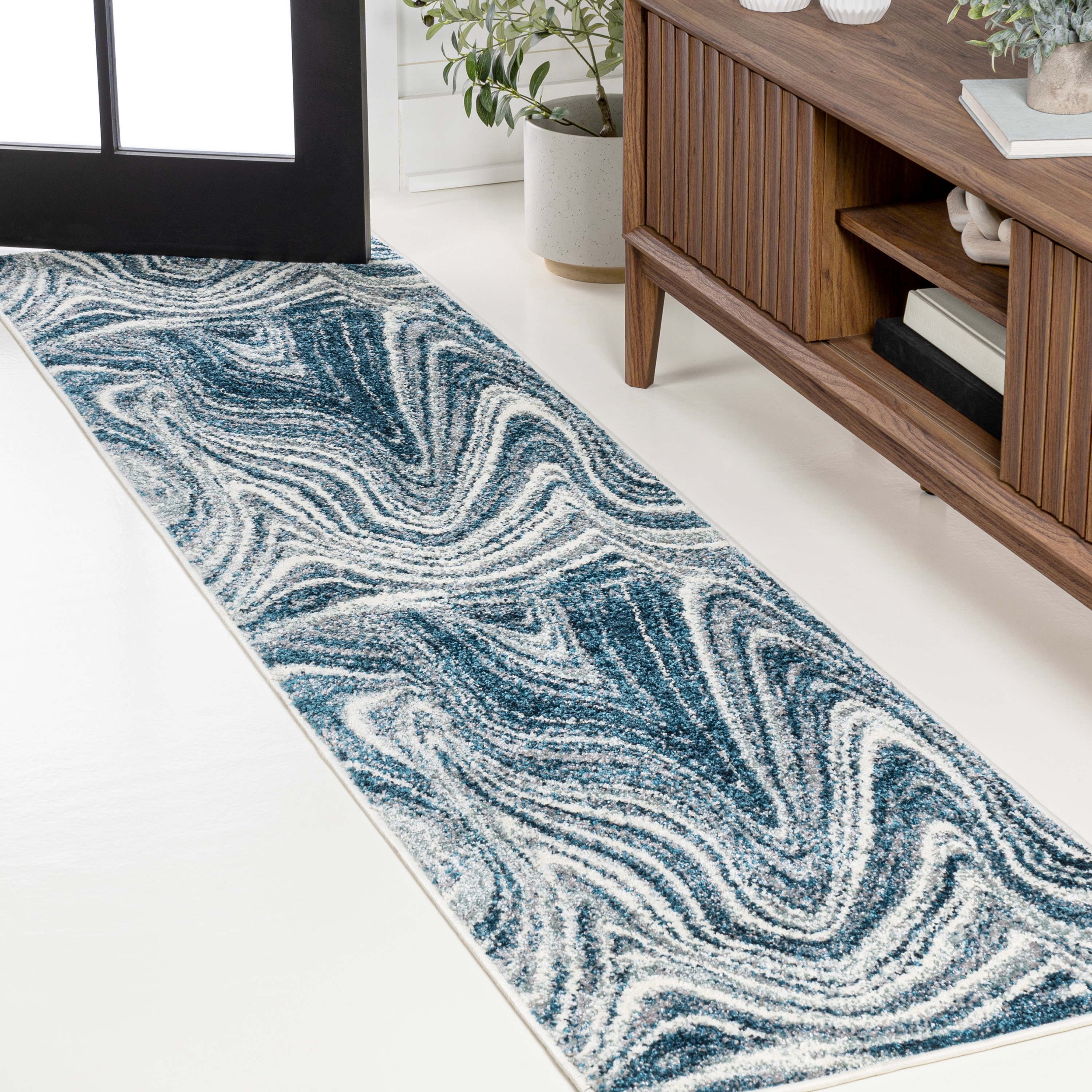 JONATHAN  Y SEU301C-28 SUPERSOFT Eleni Abstract Marble 2 x 8 (ft) Loomed Polypropylene Turquoise/Cream Rectangular Indoor Abstract Bohemian/Eclectic Runner rug