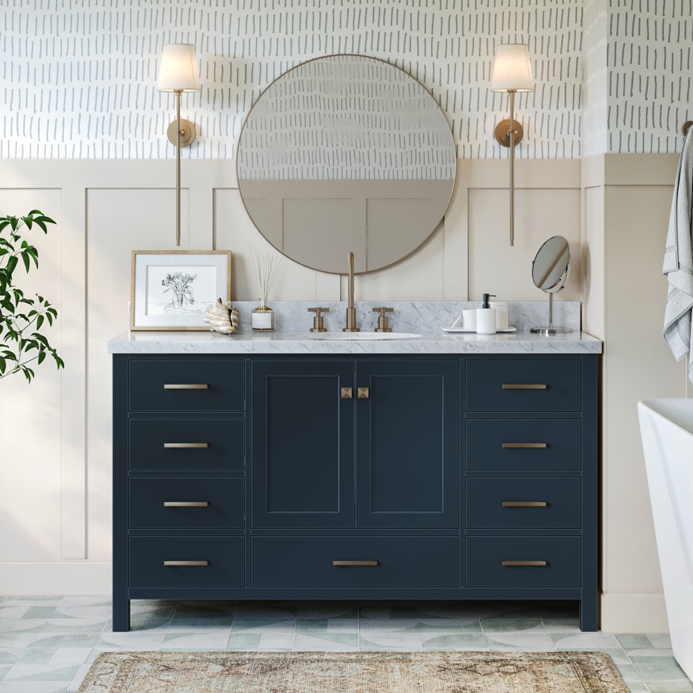 ARIEL A061S-VO-MNB Cambridge 61-in Midnight Blue Undermount Single sink Bathroom Vanity with Carrara White Marble Natural marble Top