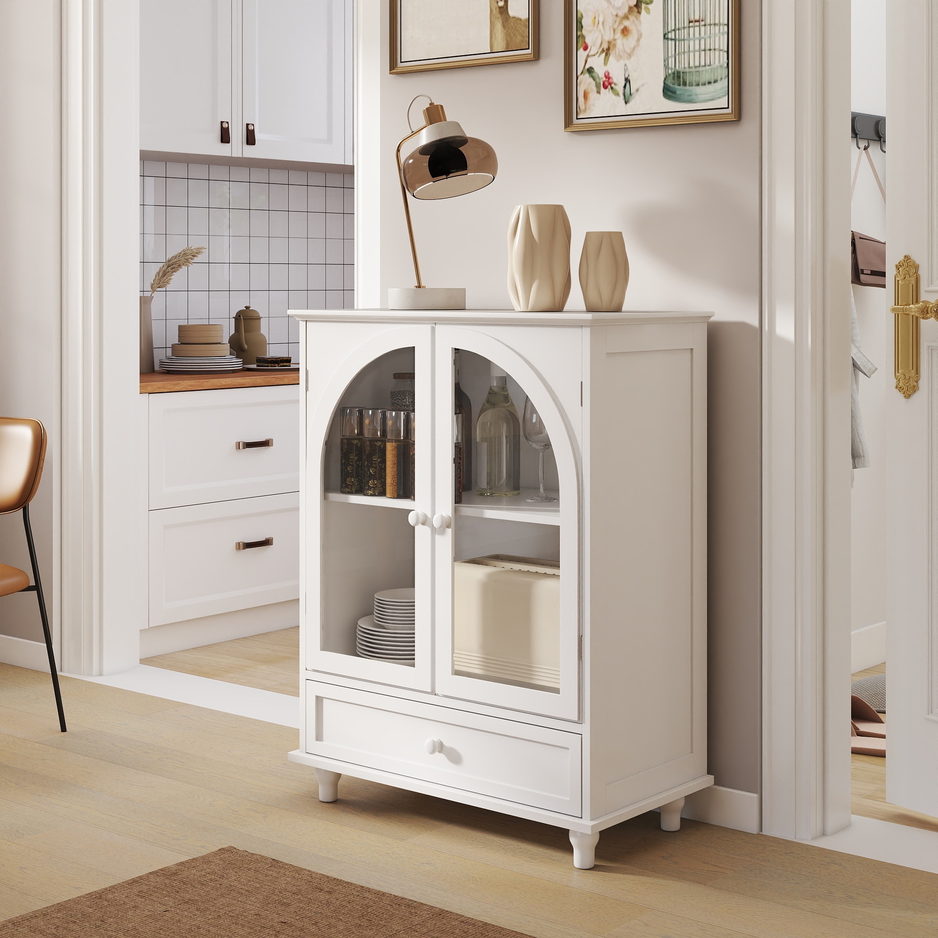 Vynxaria 27.95-in W x 36.8-in H x 14.96-in D White Kitchen Pantry Hutch with Glass Doors and Adjustable Shelves and Drawer