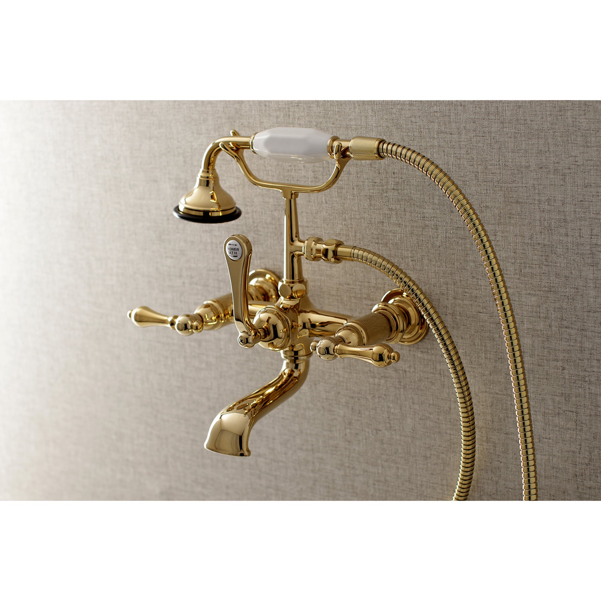Kingston Brass WLAE551T2 Vintage Polished brass 3-handle Wall-mount Low-arc Bathtub Faucet with Hand Shower ( Valve Included )