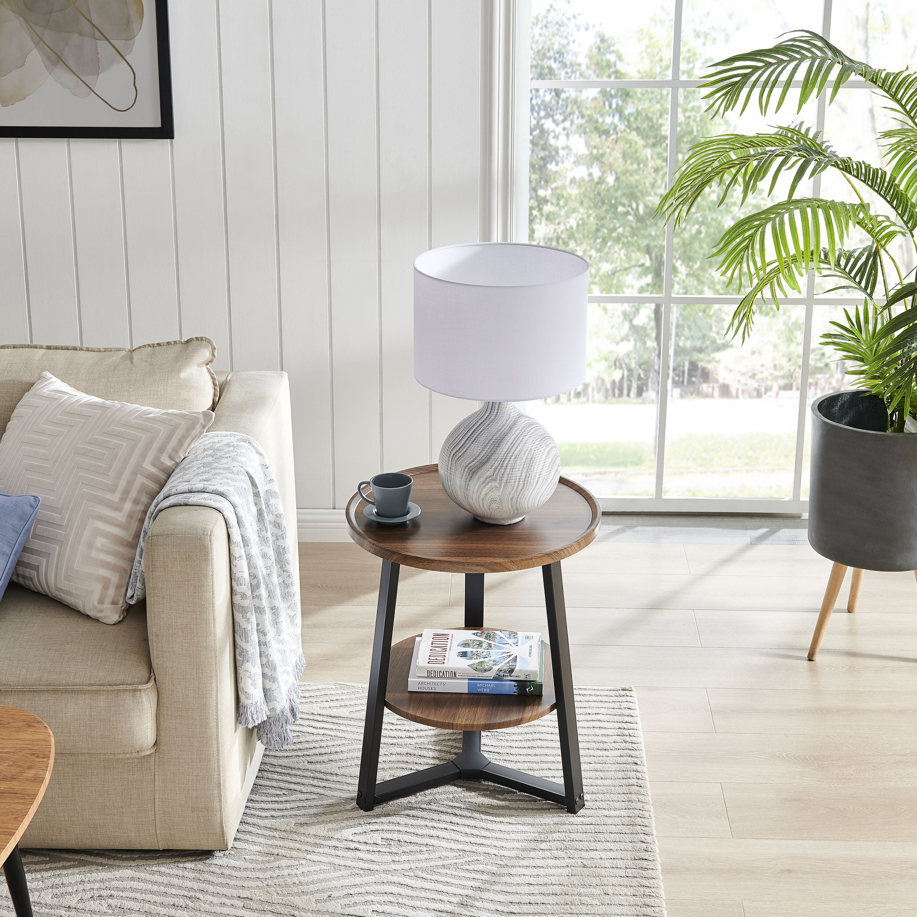 Walnut and Black Round Two-Tier Accent Table with Metal Legs