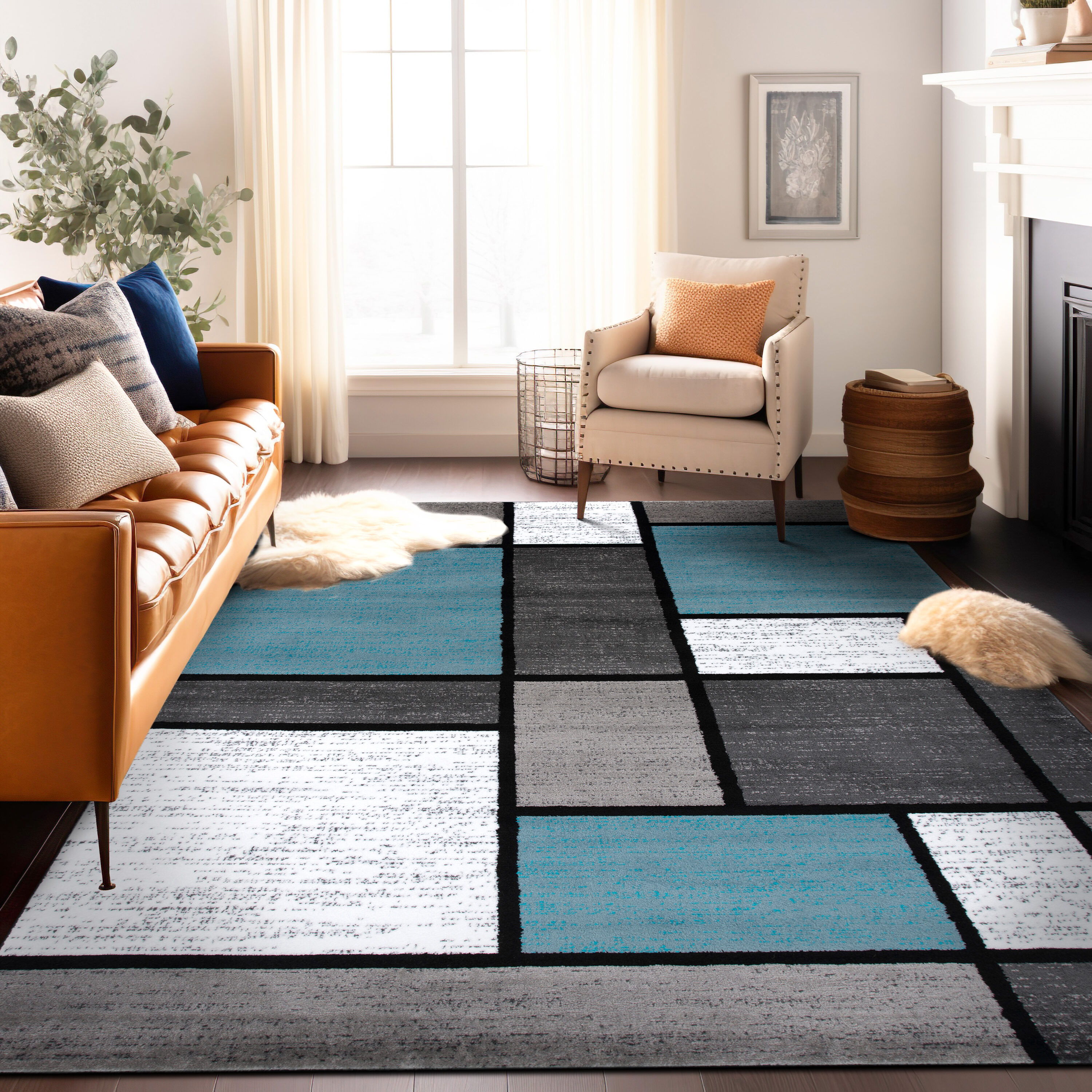 World Rug Gallery 106 BLUE 5X8 Florence 5 x 8 (ft) Loomed Polypropylene Blue Rectangular Indoor Geometric Mid-Century Modern Area rug