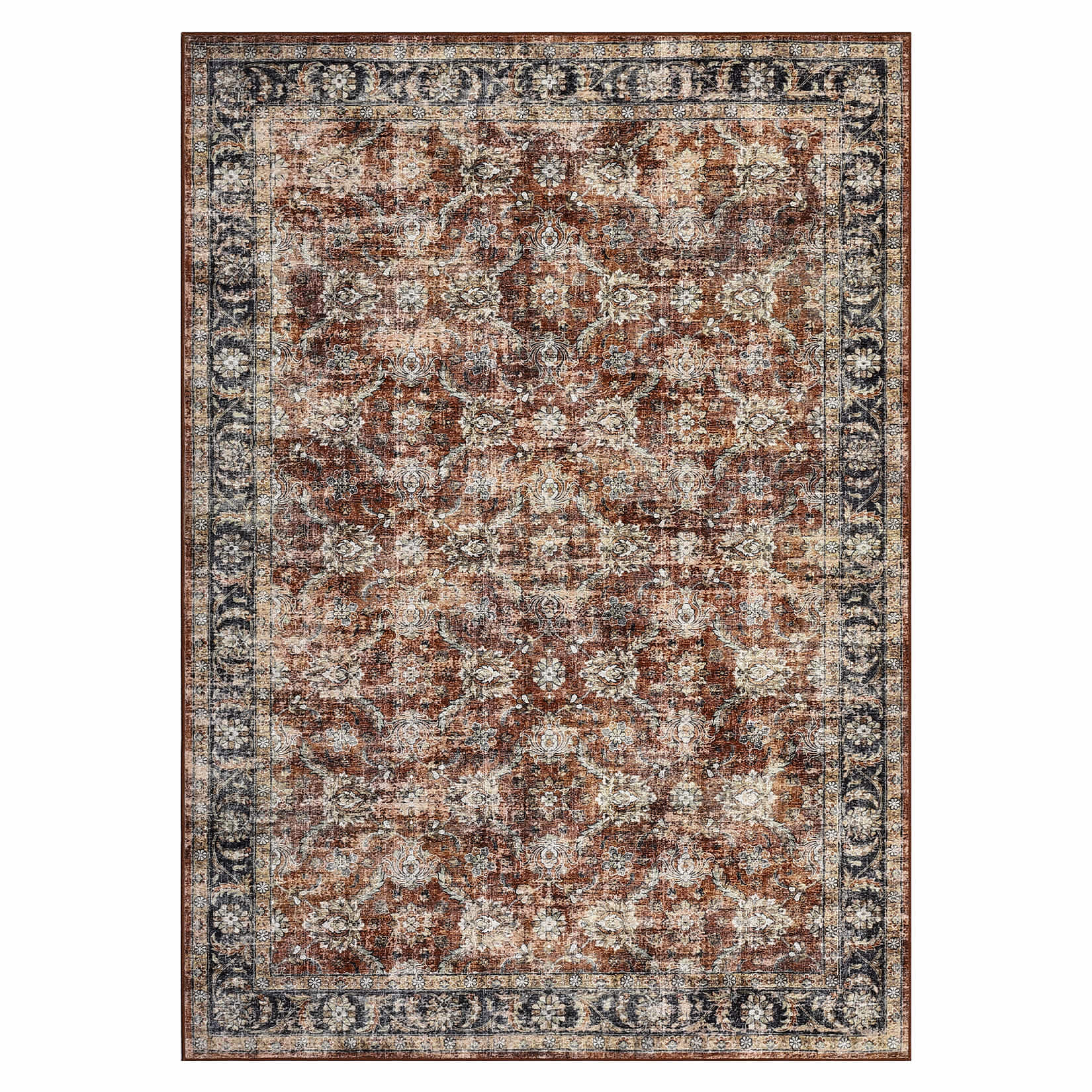 Qeetex LSN-PHO-34PVXKXW 5 x 7 ft Polyester Cashmere Imitation Red Rectangular Hallway Bathroom Entryway Kitchen Office Foldable Flower Printed Persian Washable Area Rug