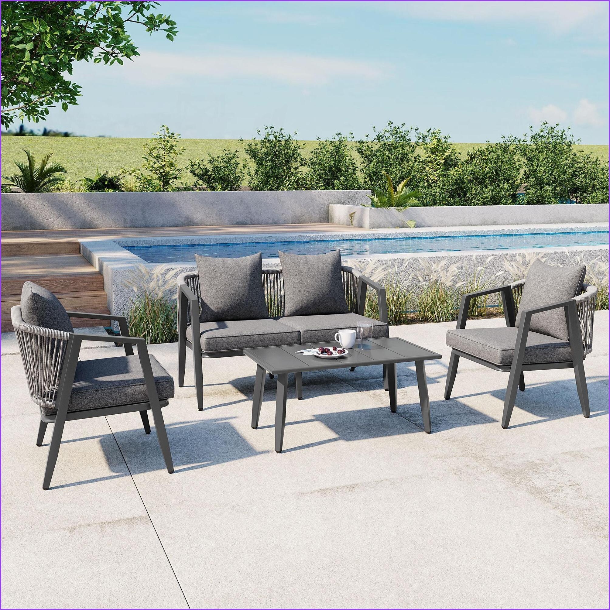 Watnature - Patio Seating Set with 1 Table 1 Bench 2 ChairsIron Frame Dark Grayfor Patio Lawn Poo...
