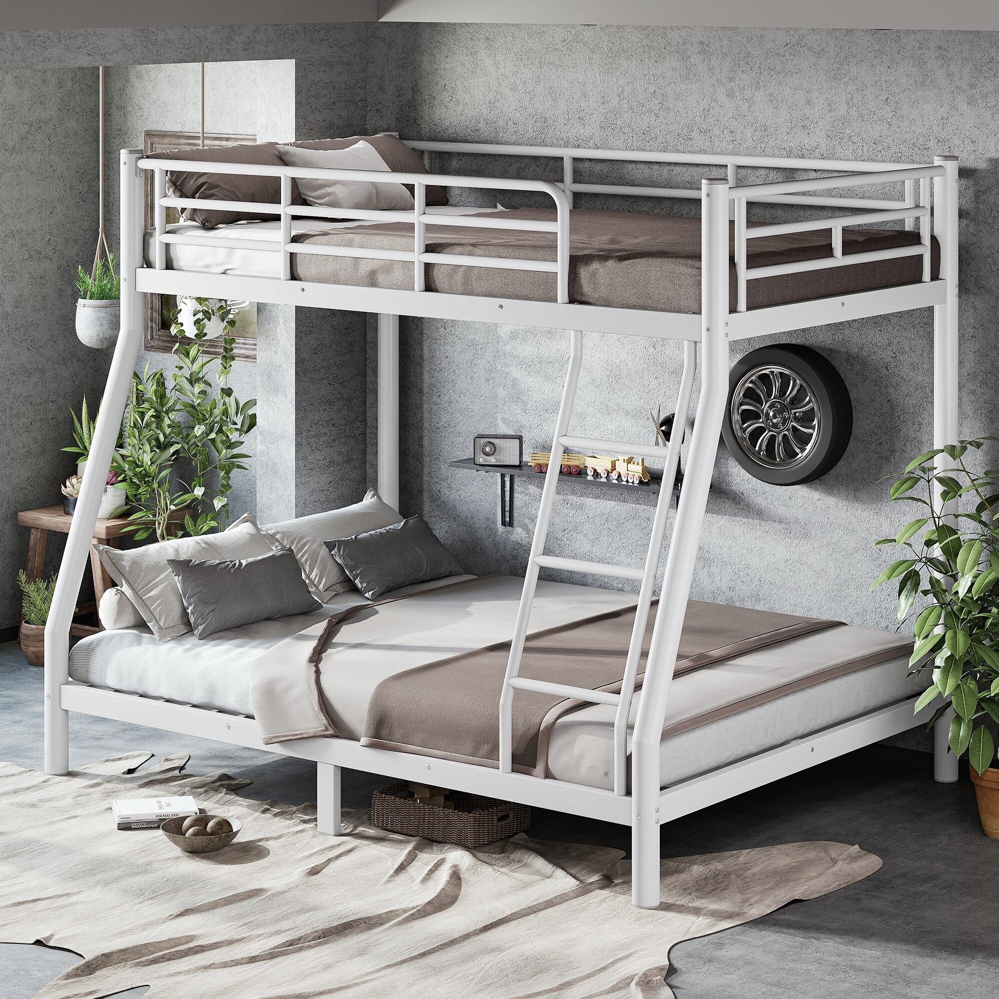 Horizons Prime Twin over Full White Metal Bunk Bed with Round Tube