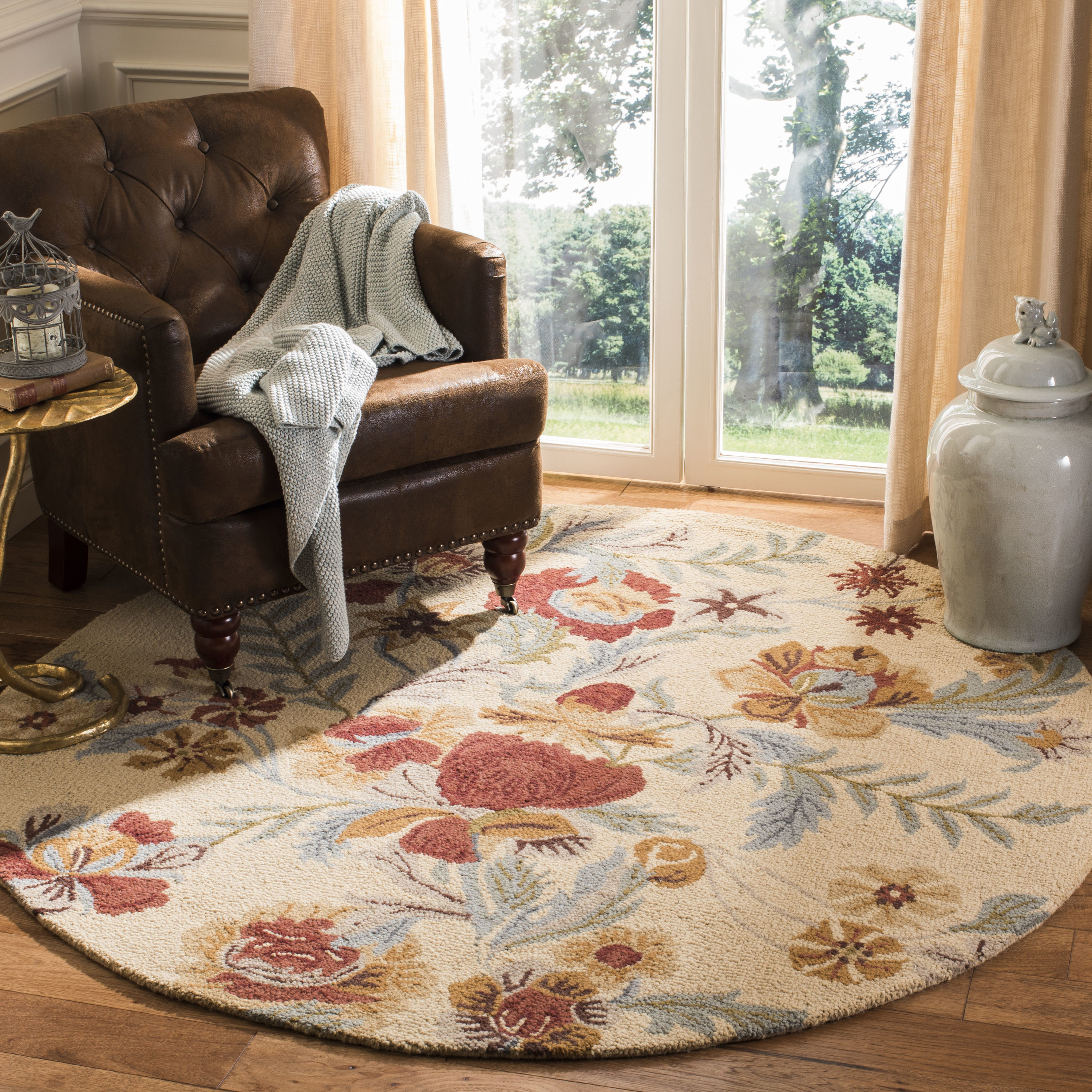 Handmade Tufted Floral Blue Round Wool Rug - 72 in