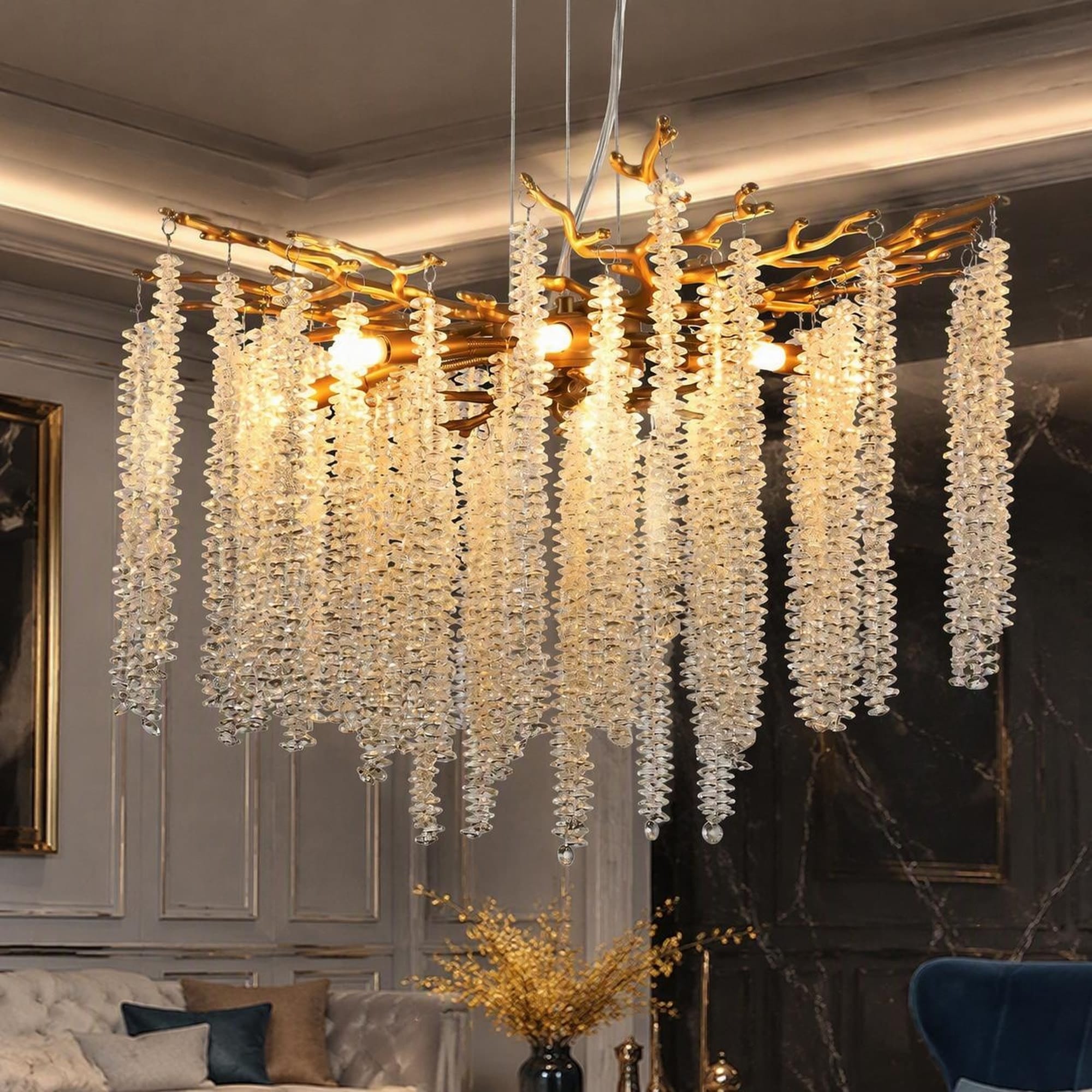 xersbav Luxury Waterfall Crystal Chandelier Modern Golden Pendant Light for Living Room Dining Room Bedroom Foyer 24 inch