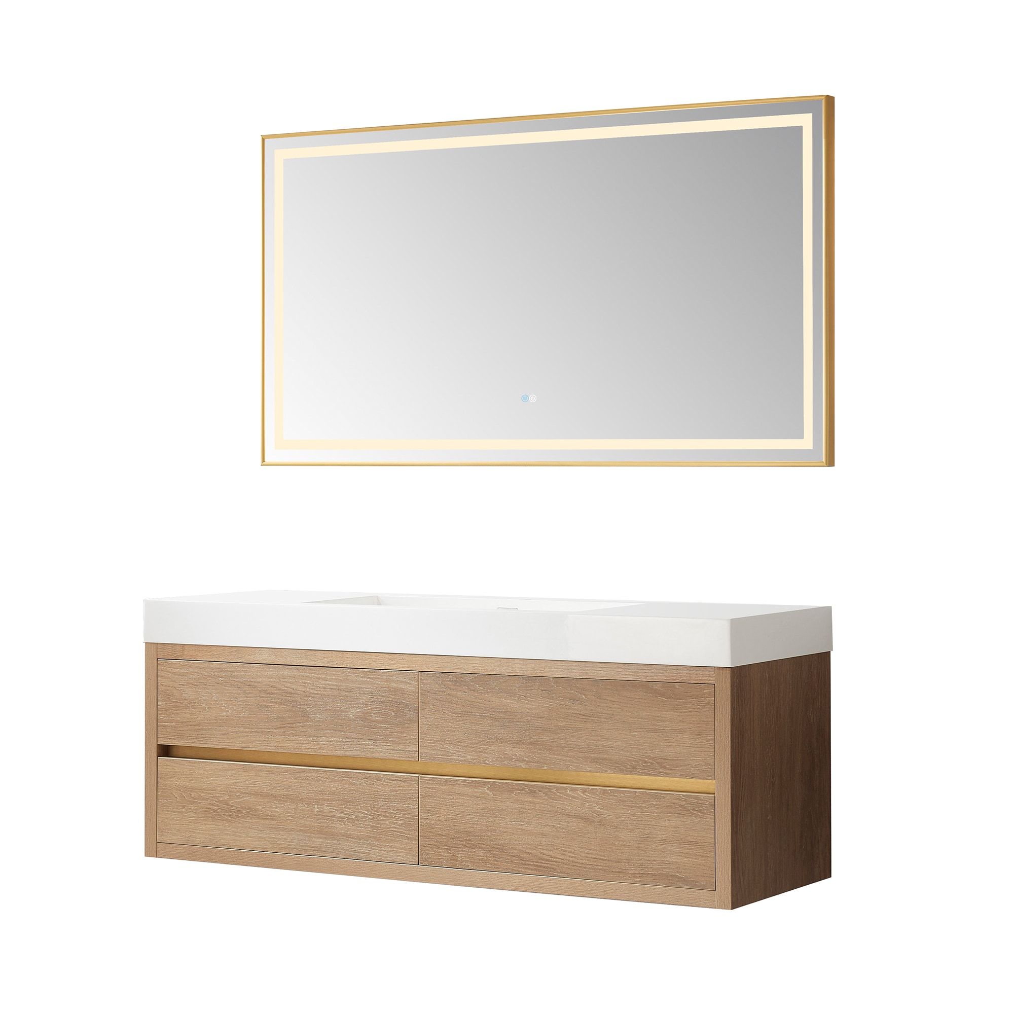 Vinnova Palencia 60-in North American Oak Finish Single Sink Floating Bathroom Vanity with White Engineered Stone Top (Mirror Included) (Fully Assembled)
