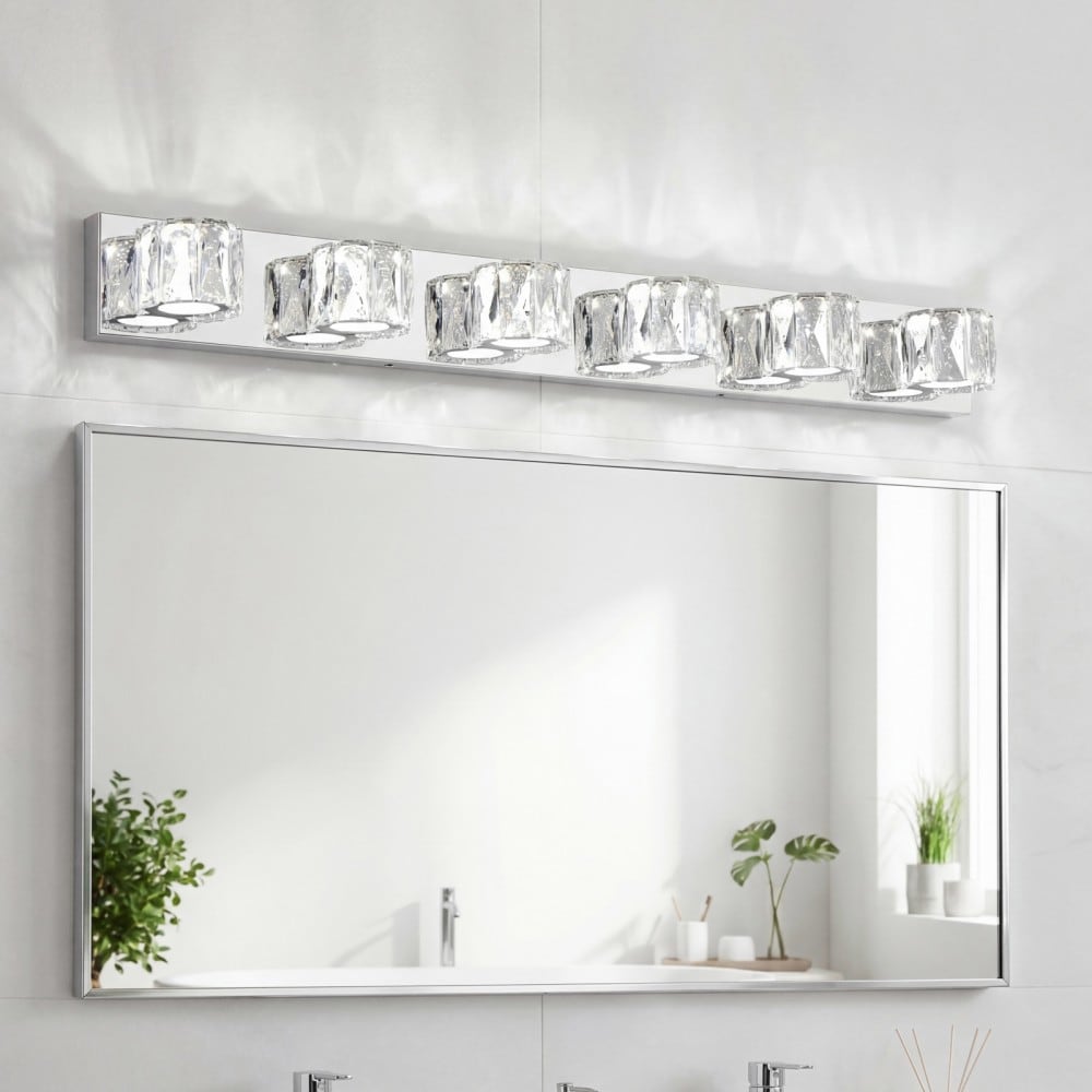 Basdien - 40 in Chrome Modern Crystal 6 Light LED Wall Sconce Elegant Bathroom Vanity Light with ...