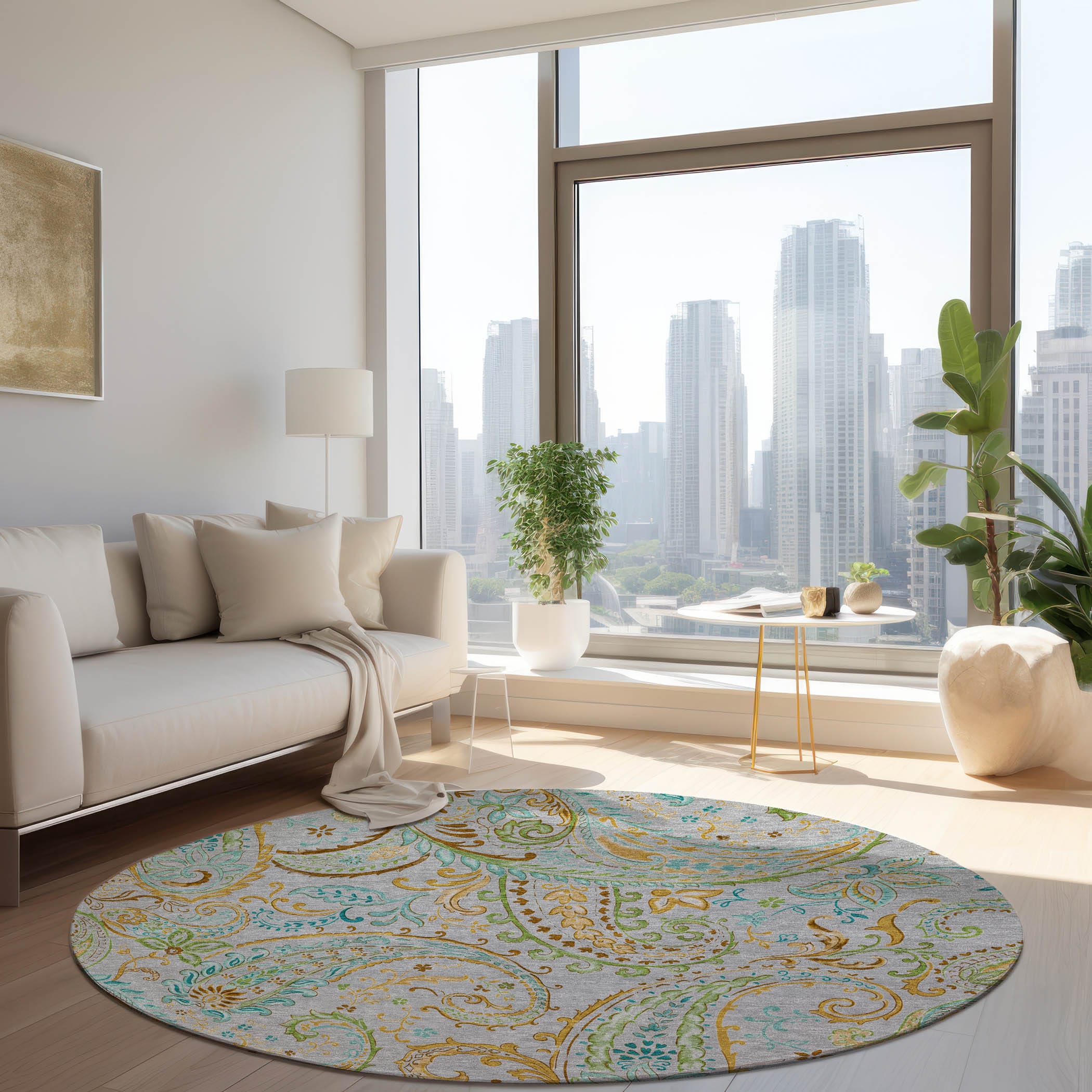 Addison Rugs ACN533GY8RO Chantille 8 x 8 (ft) Polyester Gray Round Indoor/Outdoor Paisley Farmhouse/Cottage Machine washable Area rug