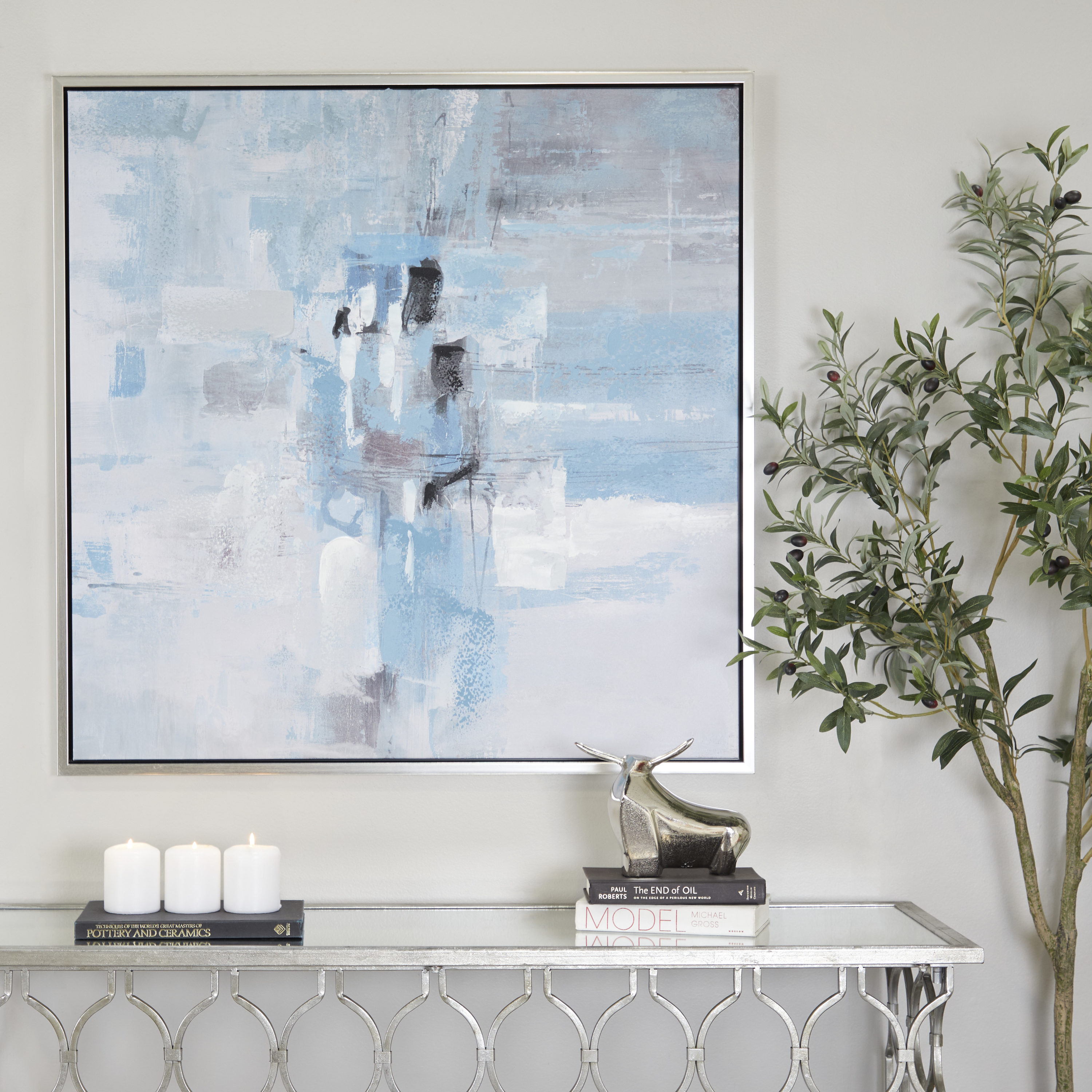 CosmoLiving by Cosmopolitan 87856 Minimalist Blue Abstract Canvas with Silver Frame Silver Wood Framed 39.5-in H x 39.2-in W Abstract Wood Painting