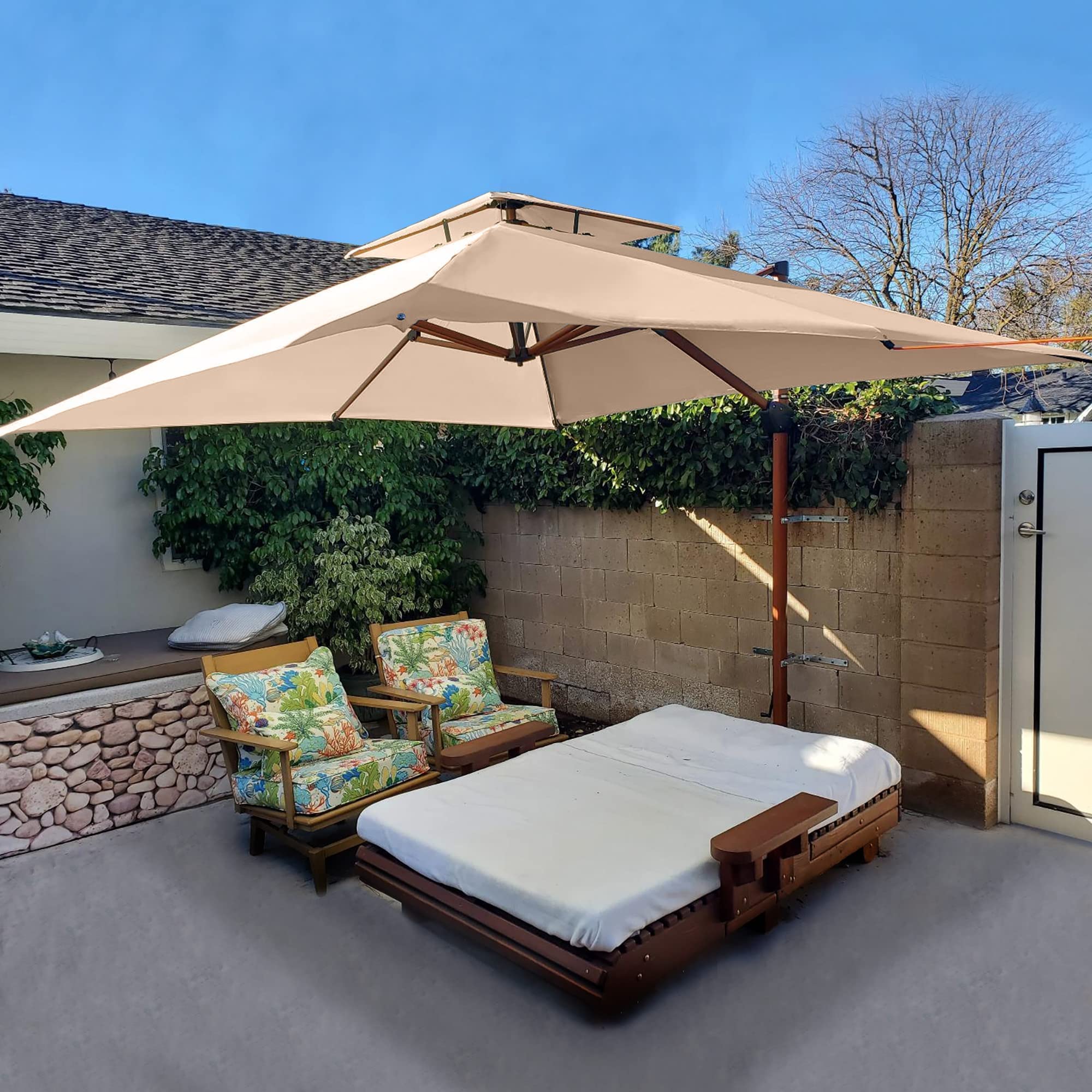 PURPLE LEAF LSGLRSM12-KK 12-ft Aluminum Beige Crank Cantilever Patio Umbrella
