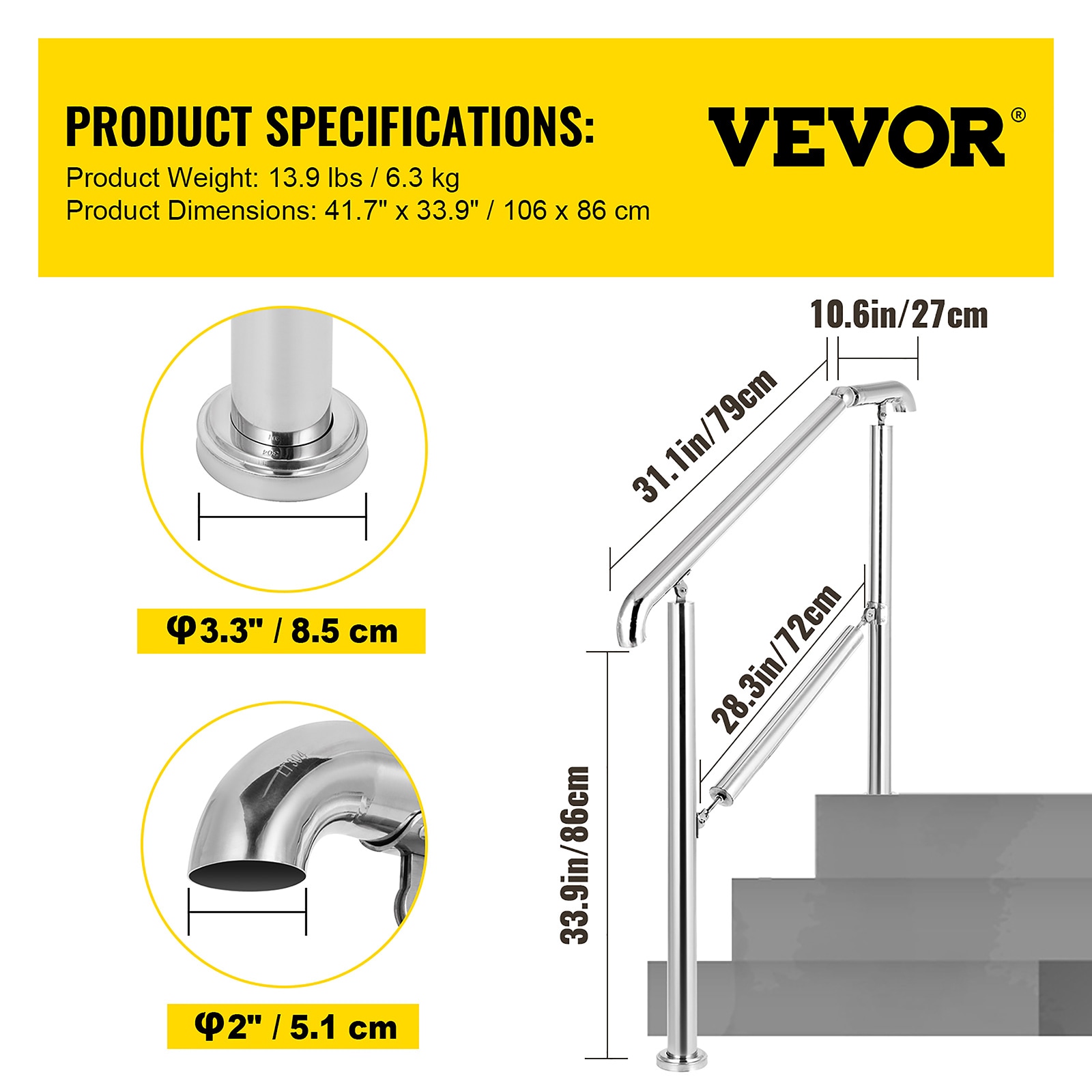 VEVOR 2-3 Steps Stainless Steel Handrail 41.7-in x 33.9-in Stainless Steel  Finished Aluminum Handrail in the Handrails & Accessories department at  Lowes.com