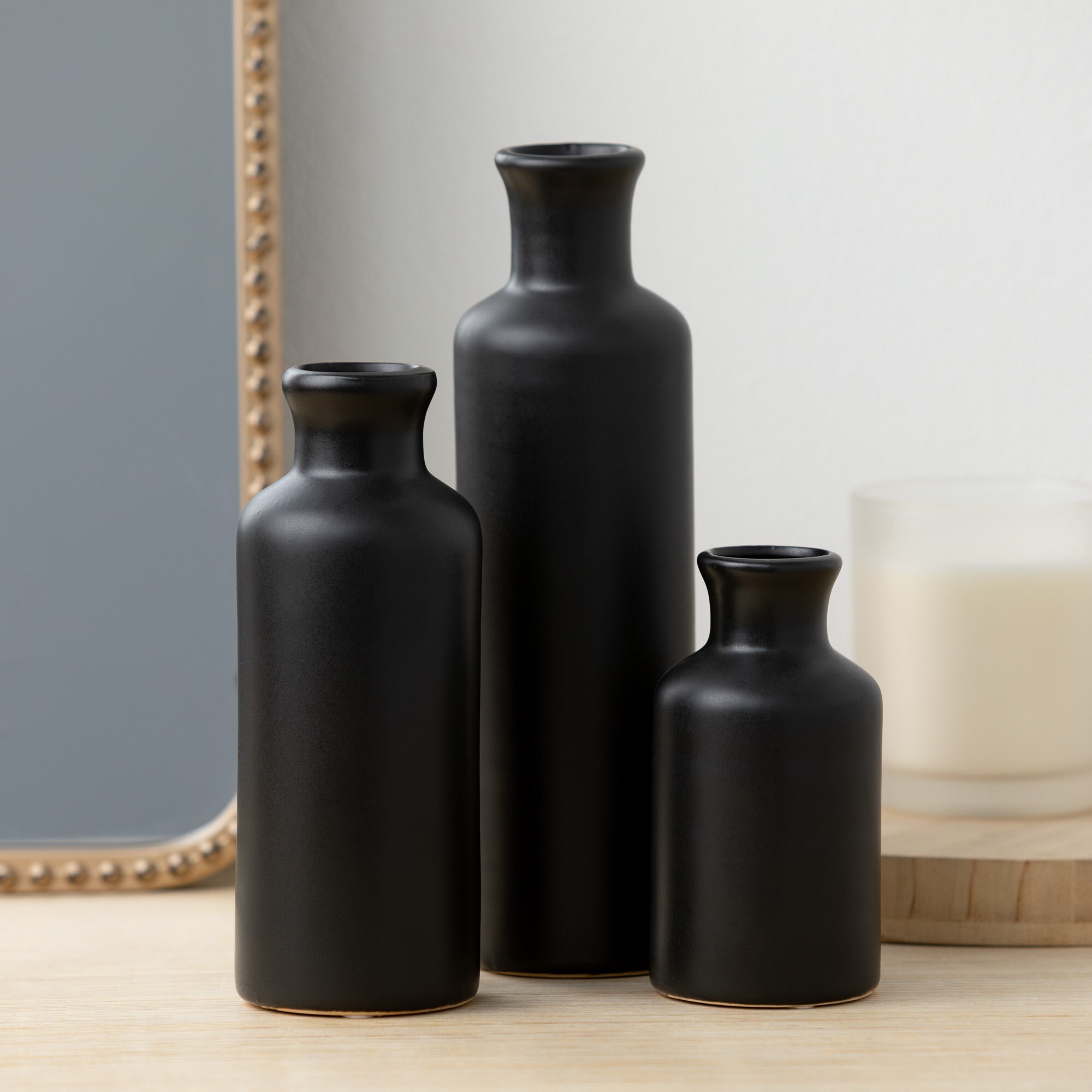 Modern Matte Black Ceramic Vase Trio for Elegant Table Decor