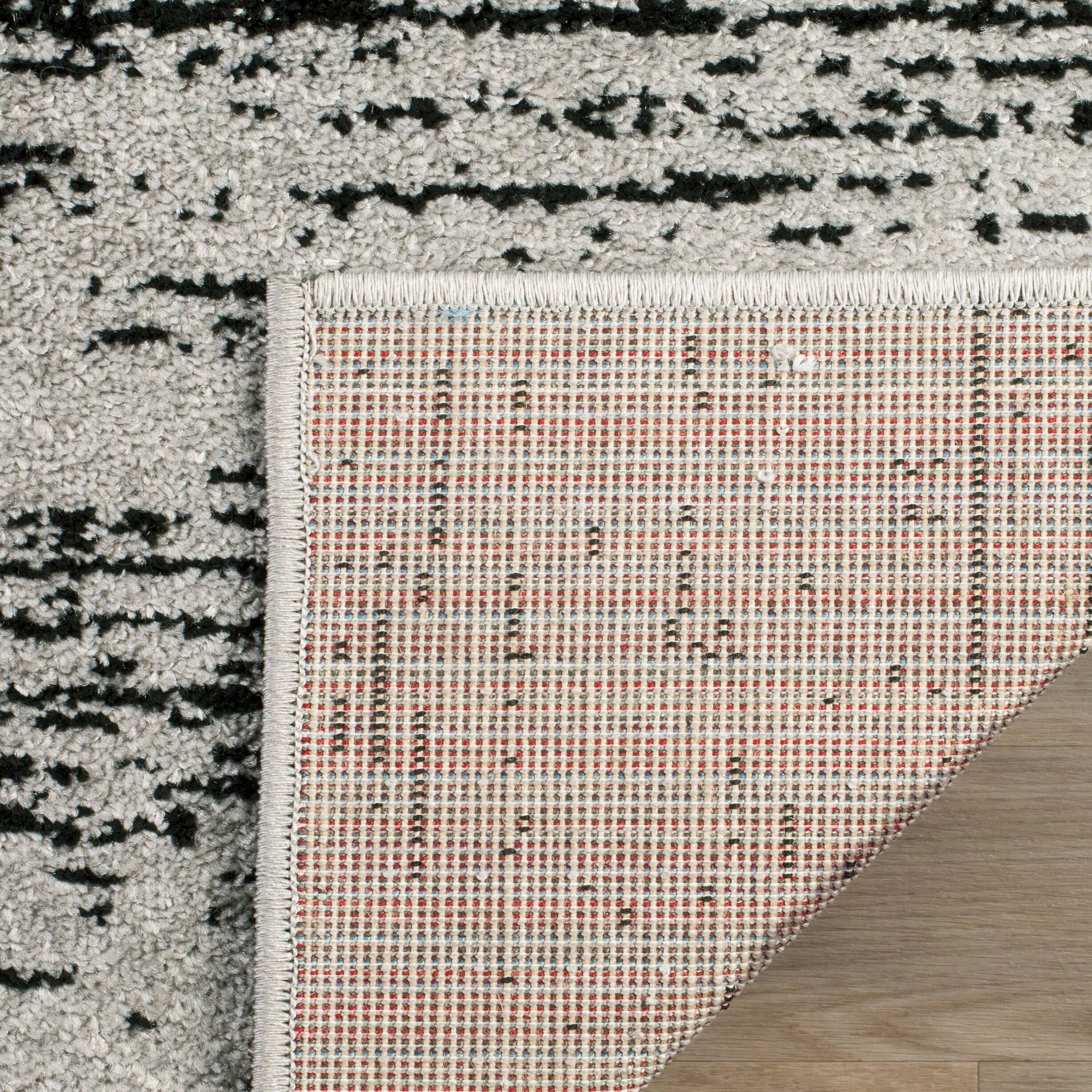 Silver and Black Striped Synthetic Square Area Rug