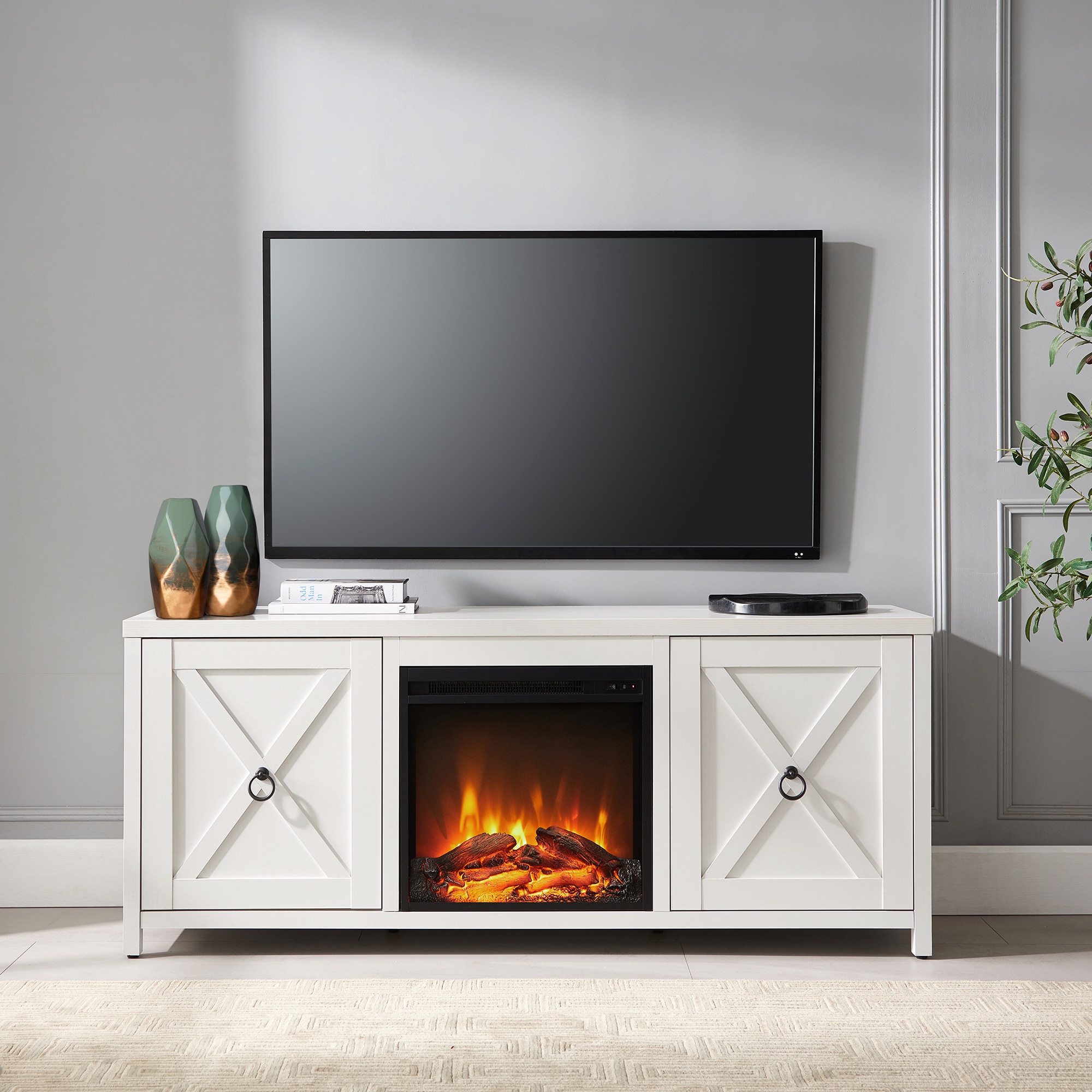 Modern Farmhouse White TV Stand with Electric Fireplace and Storage Cabinet