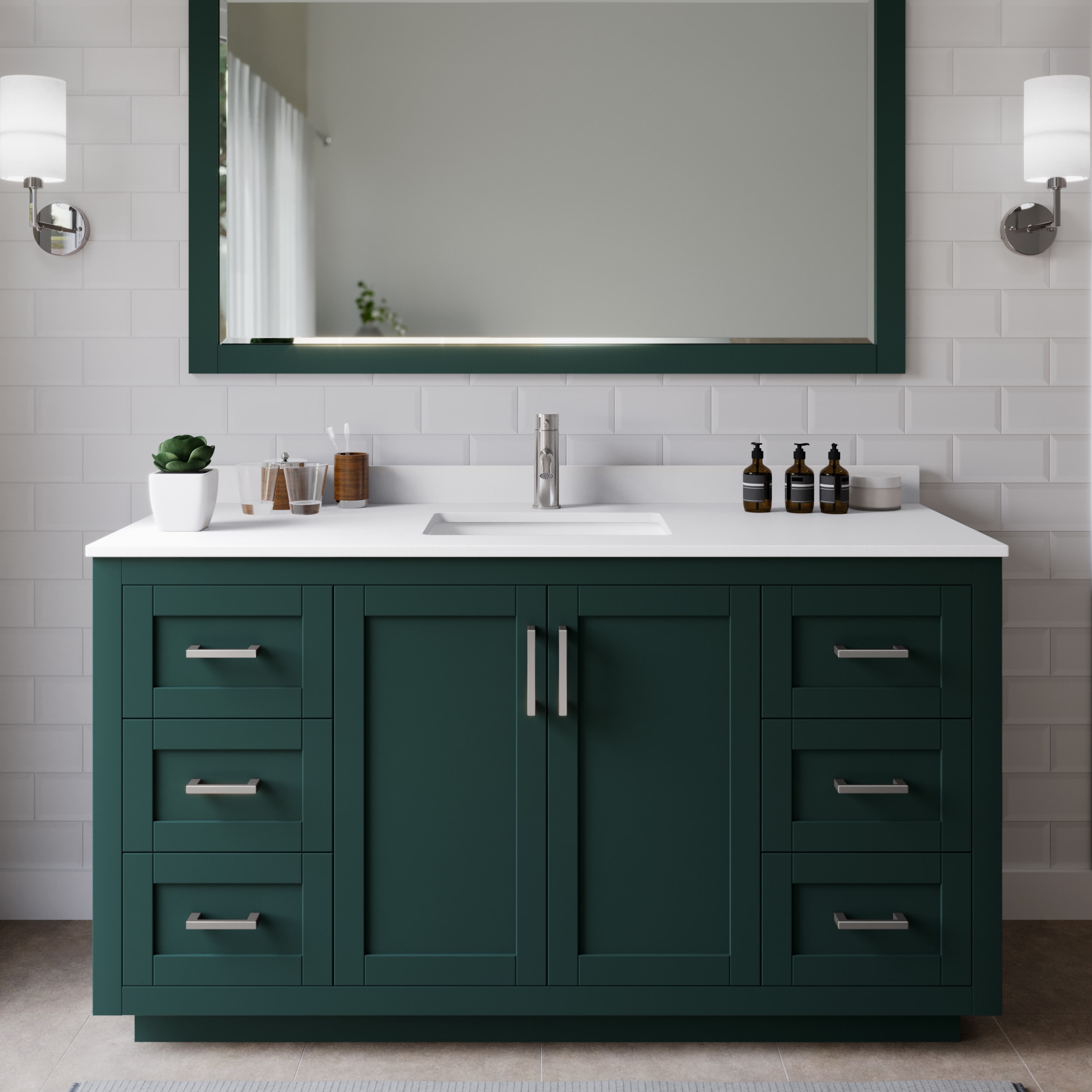 Wyndham Collection WCF292960SGEWCUNSM58 Miranda 60-in Green with Brushed Nickel Trim Undermount Single sink Bathroom Vanity with White Cultured Marble Cultured marble Top (Mirror Included)