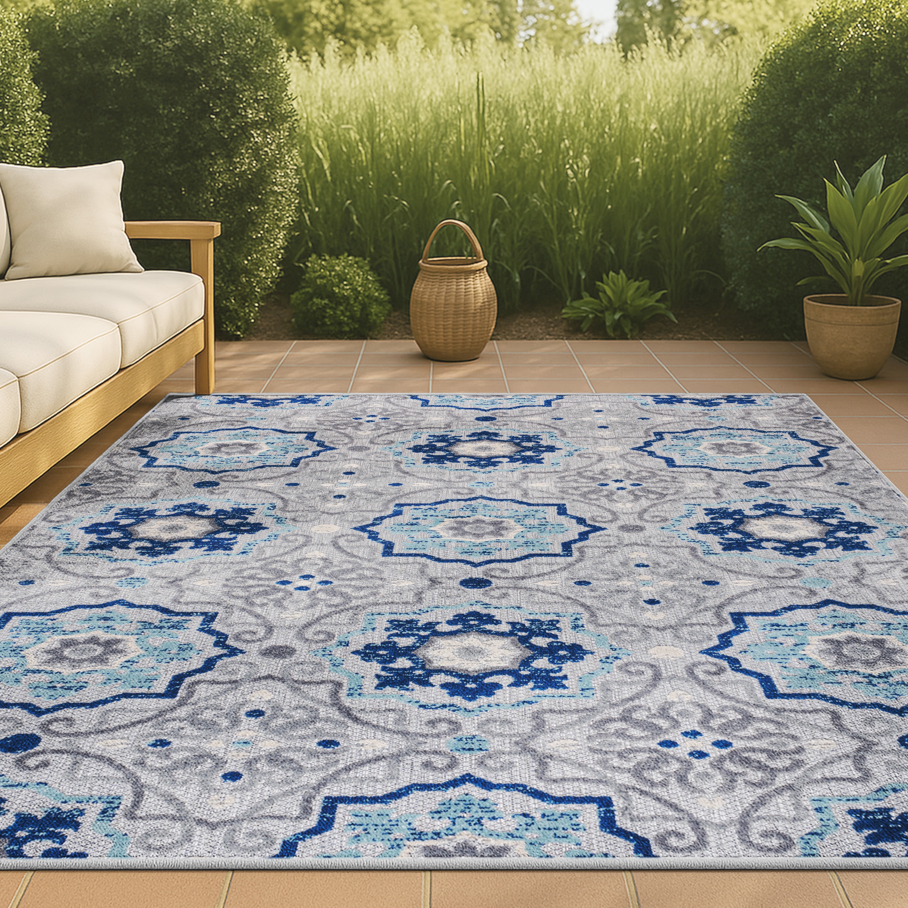 JONATHAN  Y AMC101A-8 Amalfi Coast Mediterranean Medallion 8 x 10 (ft) Loomed Polypropylene Blue/Gray Rectangular Indoor/Outdoor Medallion Coastal Area rug