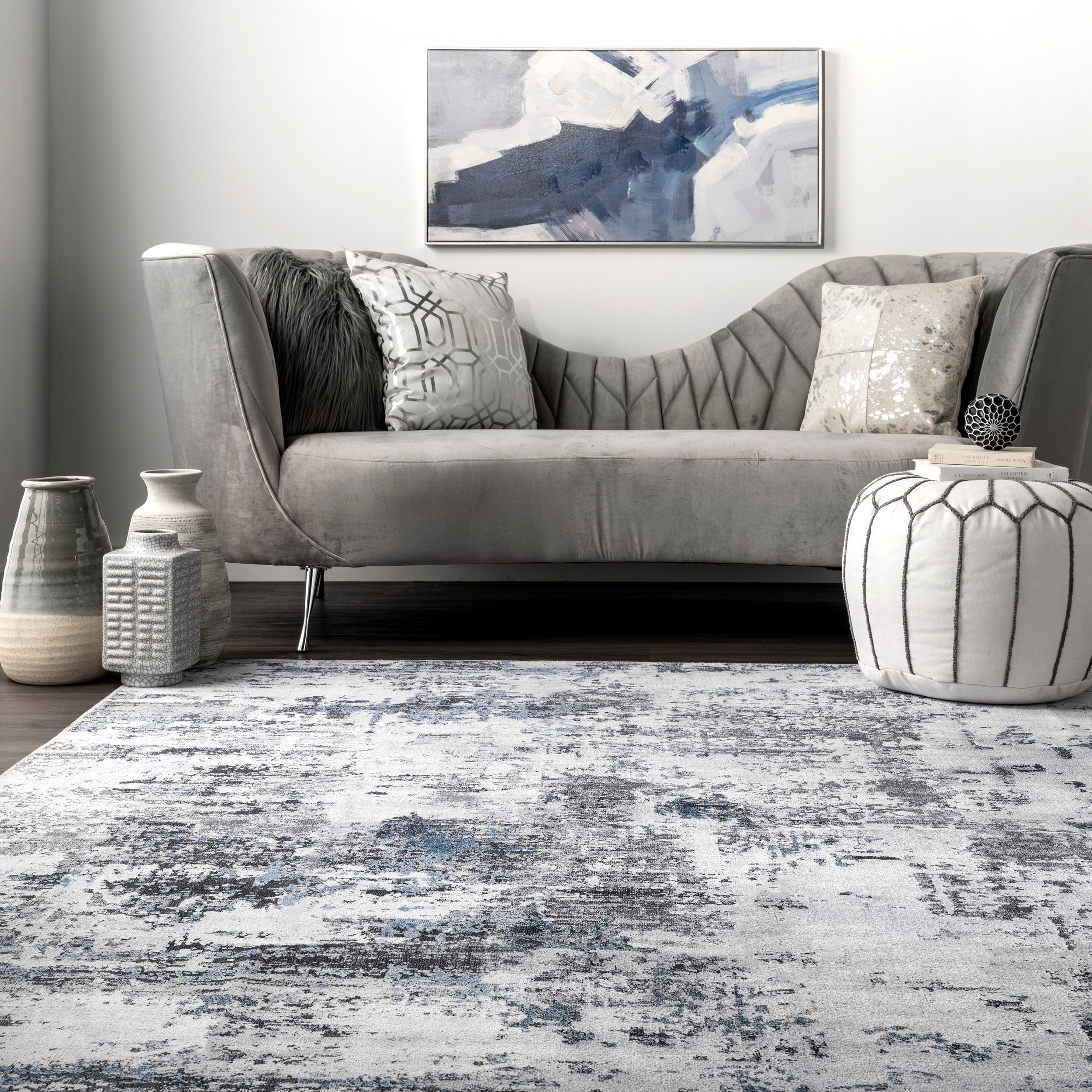Dali Gray Abstract Machine Washable Synthetic Area Rug